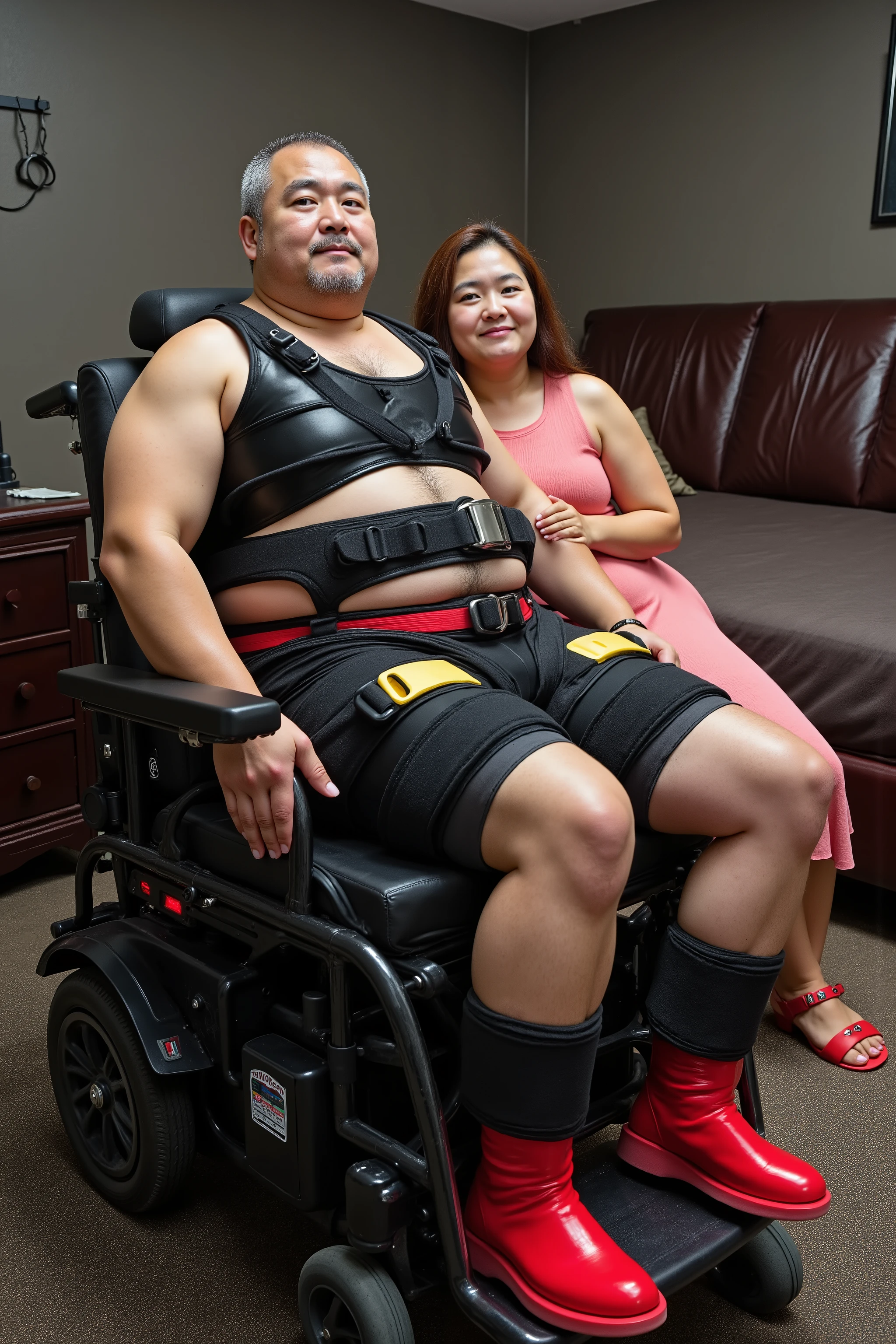 wide angle image of a 84 year old ugly fat asianflux man with ugly wrinkles on his face and chin, sweaty wet arms, wearing a black rubber tank top, wearing polished black rubber pants, wearing a red latex belt with a silver buckle, wearing red boots, sitting next to a 34 year old thin woman with long hair, the woman wears a pink latex dress, the man and woman are restrained with an oversized thickly padded black and red neoprene wheelchair harness, the man and woman are sitting in an oversized powered wheelchair, the man and woman have a wide yellow shiny padded hip belt restraining them together, the man and womens legs are wrapped in seguflux straps, they are in a dimly lit bedroom with a leather bed