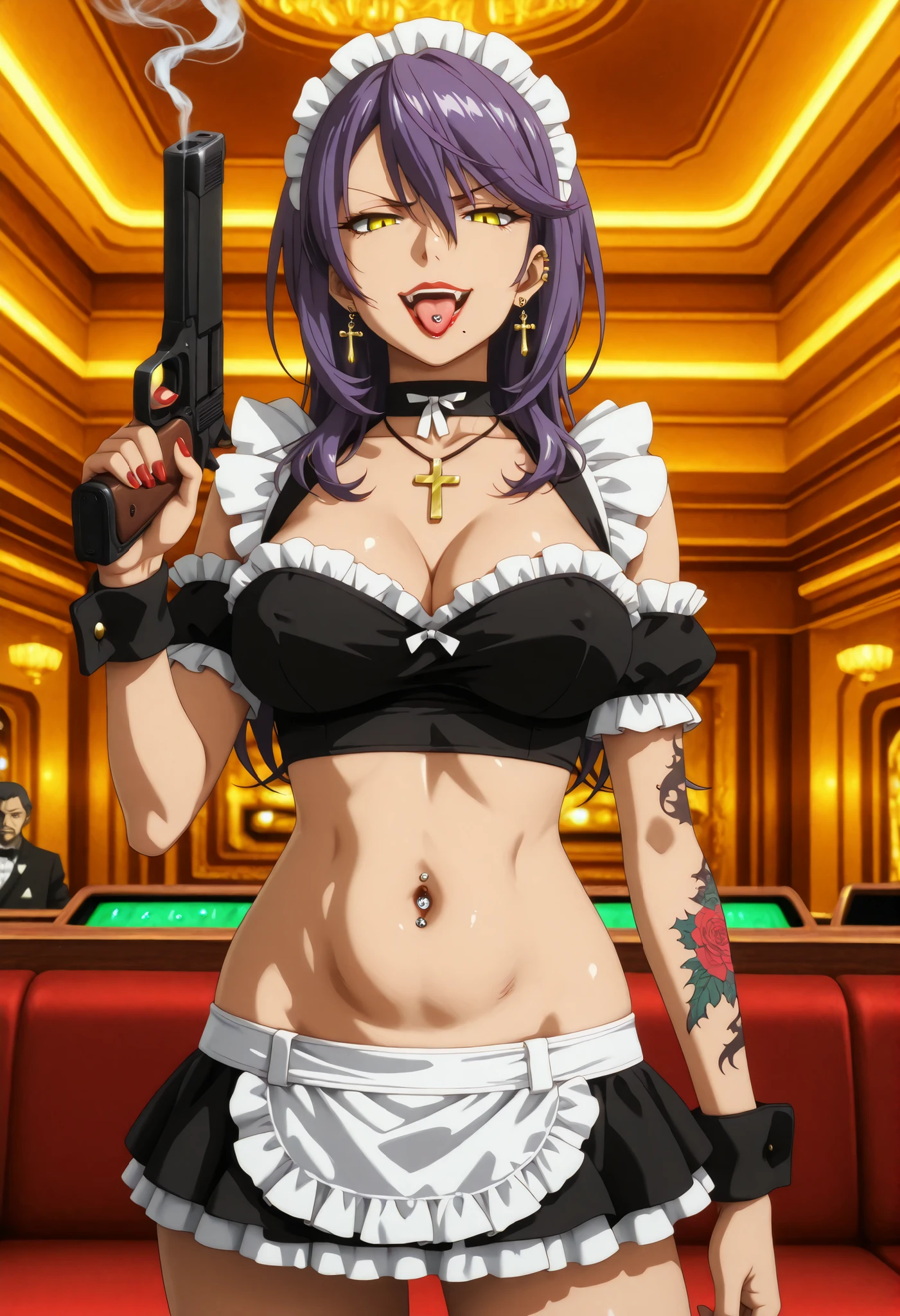 trine_halden, long purple hair, yellow eyes, red lips, , chin mole, , nail polish ,ear piercing, long hair, , lipstick,Hot girl, baddie, smoking,, bad attitude, mean girl, sensual, attractive, ,cross necklace, ,choker, tongue piercing ,tongue out, open mouth,jewelry, earrings, complex detailed background, casino environment, fancy interior environment, rich interior, masterpiece, best quality, highly detailed, a girl in maid uniforms, holding pistol, maid outfit, cleavage, evil smile, smile, open mouth ,official artwork, (nsfw) not safe for work, beautiful maid girl, , micro skirt, exposed belly, exposed navel, exposed midriff, exposed lower belly, holding a gun, , ar navel piercing,, medium large Breasts, dragon tattoo on waist, narrowed eyes, tattoo on waist,, anipai_style , anime screencap , anime coloring,,v-shape eyebrows