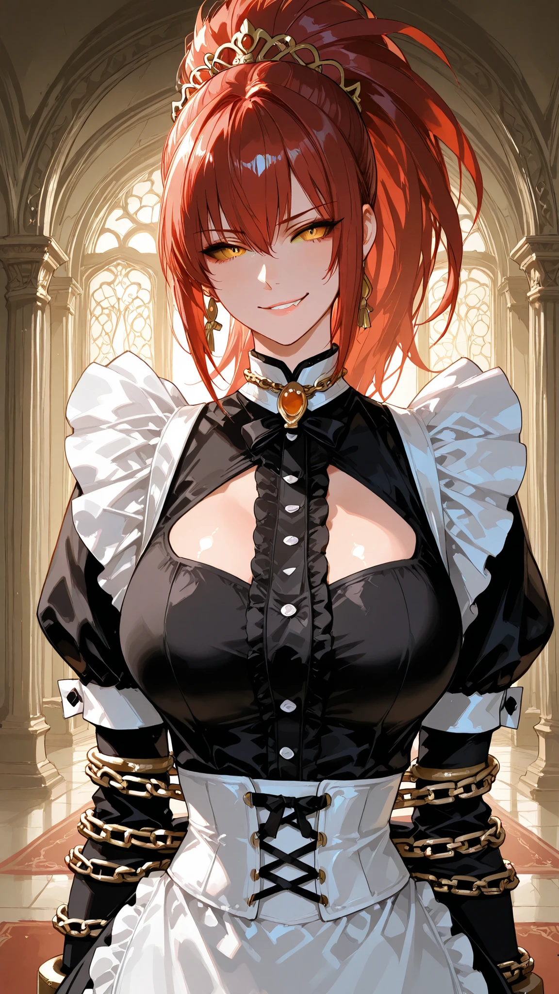 solo, LNHDRNKOF, red hair, big hair, long hair, ponytail, (Eyes twisted by dark corruption, where pupils once were, now only a sickly, solid yellow retina and sclera), indoor, smirk, indoor, evil, corruption, mature woman, Tight waist、Small waist、shiny Skin , , (adult woman, 25+), (upper body), A maid wearing a traditional black-and-white French maid outfit, (fully bound in shimmering white magical chains coiling around her arms, ).((metalic white chain)), (The chains are ornate and metallic),contrasting with the fabric of the outfit. The maid stands in a poised, neutral stance in an elegant, well-lit room, with a calm and composed expression. Soft lighting, high detail, digital art style, fantasy illustration, Extra thin waist :1.5、
