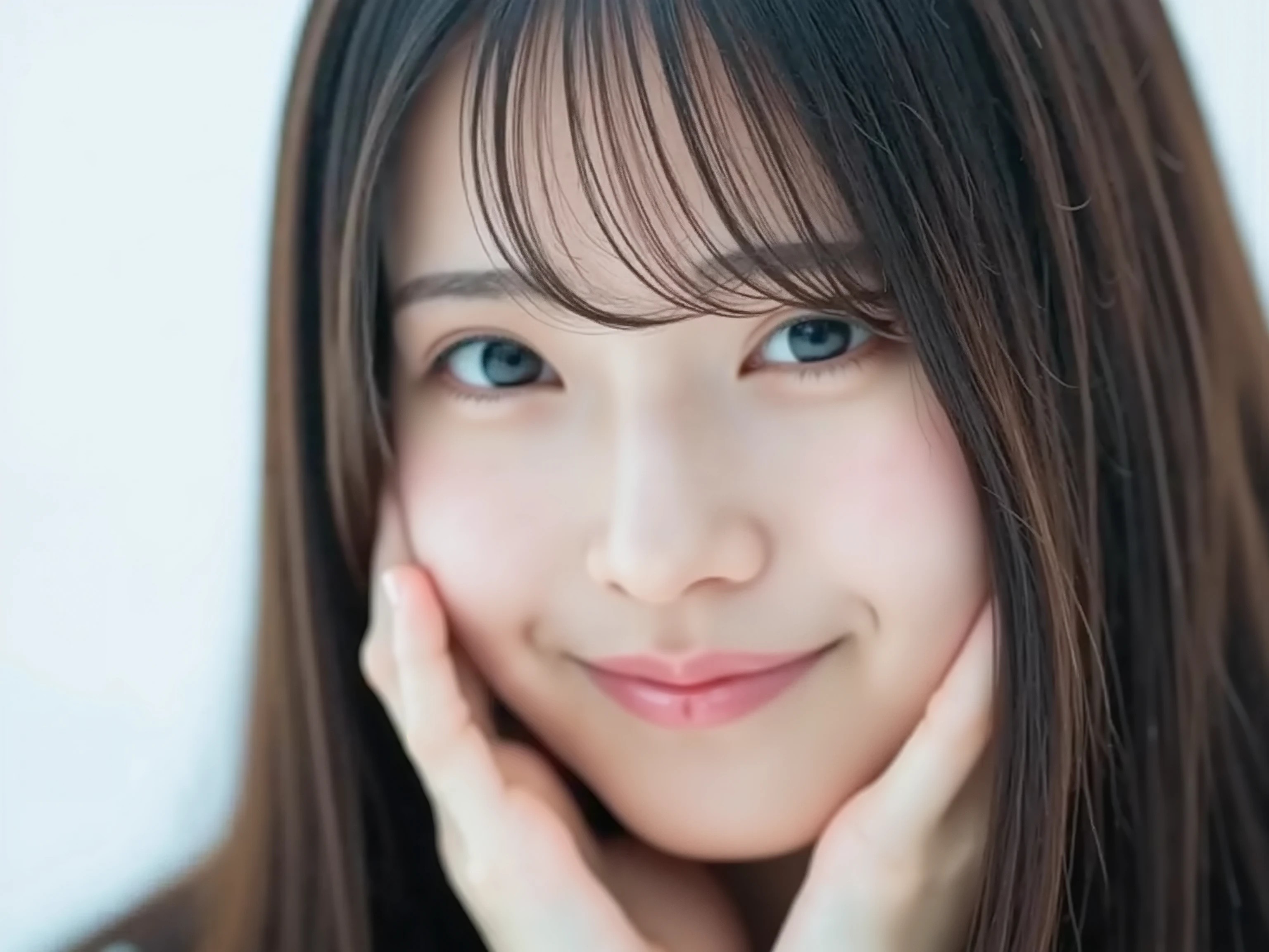 (Refined from an old photo, recreated in a modern, ultra high-quality photorealistic style, 
with a trendy Reiwa-era hairstyle: smooth semi-long hair with soft natural waves, 
neatly styled with airy see-through bangs and a glossy, well-groomed finish),

Ultra photorealistic close-up portrait of a beautiful Japanese woman, 
upper-body composition, wearing a black outfit completely out of frame (not visible), 
shoulders and collarbone softly exposed, 

both hands gently pressing her cheeks in a shy, lovestruck pose, 
sparkling eyes filled with warmth and joy, gazing dreamily at the viewer with overflowing affection, 
cheeks blushing deeply with a radiant, sweet glow, 
soft glossy lips opened slightly in a bright, joyful lovestruck smile, 
expression melting with happiness — playful, bashful, dreamy, and irresistibly affectionate, 
smile overflowing with warmth and genuine emotion, radiating pure love and joy, 

realistic skin with detailed pores, natural uneven tones, and tiny imperfections for realism, 
soft peach fuzz visible, smooth and refined texture, 
clear and smooth skin without any blemishes or moles, 
beautiful even skin tone with a healthy, luminous glow, 

hair rendered with fine individual strands, silky and neatly arranged, 
natural matte shine with subtle highlights, 

soft diffused cinematic lighting with natural depth, 
pure white blurred background for an intimate, clean atmosphere, 

(masterpiece, best quality, ultra photorealistic, high resolution, 
intimate romantic close-up, cinematic magazine cover style)

