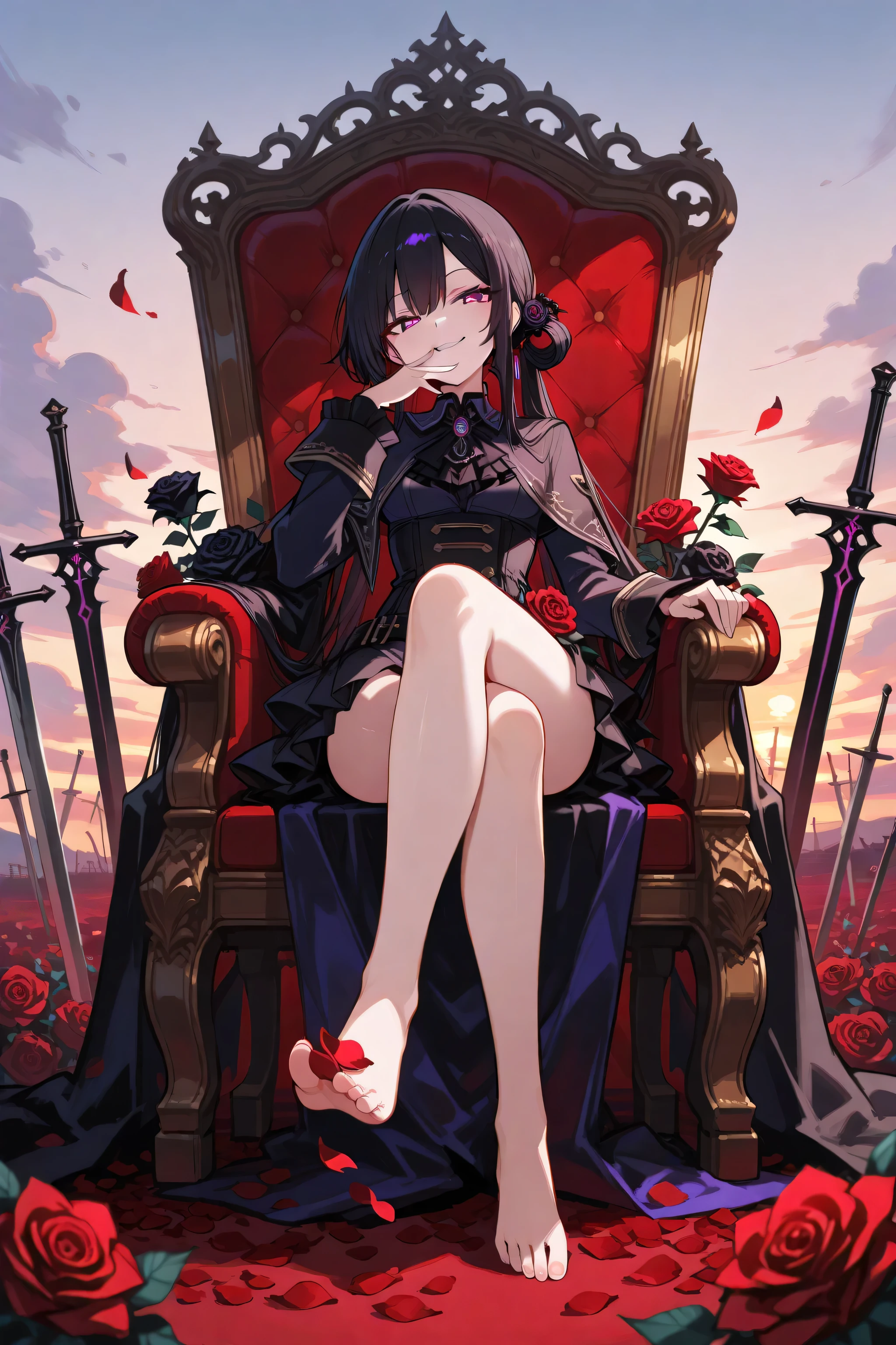 best quality, hyper detailed, masterpiece:1.5, a young woman with violet eyes and black hair, wrapped in dark rose petals, sitting on throne made of roses, legs crossed, hand over mouth, smug, red eyes, dusk, roses at feet, swords planted,