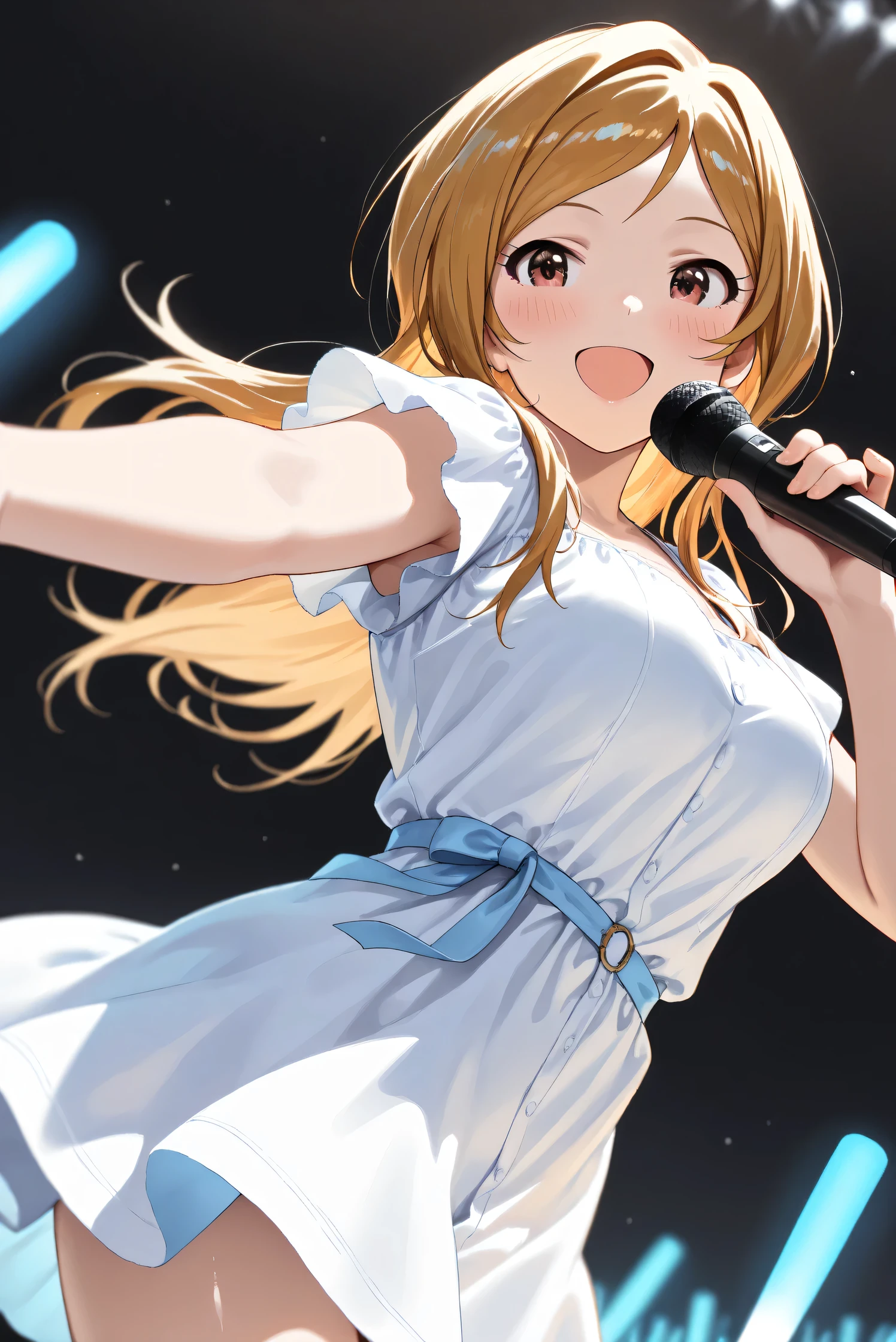 (Masterpiece), (Highest quality), (Very detailed),
(The best shape), (Best Shadow), (Absurd),
(Detailed background), (So beautiful), (Shiny),
(Extraordinary), (Countershading), (8k), (32K),
(High resolution), (Very Detailed CG), (UHD),
(Score_9), (Score_8_up), (Score_7_up),
(Source_anime), (Pastel painting:1.2),
(Watercolor painting:1.2),(Masterpiece, Detailed:1.2), (Foreshortening:1.2),
(Cinematic), (Dramatic), (Depth of field:1.4),
(Blurry background:1.4), (Realistic background:1.4),
(Foreshortening:1.3), (Dynamic angle), (1 girl),
(Simple background), (Black background),
(Idol stage), (blue glowsticks),
(Casual wear:1.3),
(White dress:1.3),
(One cordless microphone),
(Cowboy shot), (Focus on face), (Close up shot),
(Blush:1.3), (Happy), (Smile), (Singing),
(Realistic skin), (Shiny skin),
(Momose Rio),
(The idolmaster million live!),
(mirishita),
IMMomoRio, long hair, breasts, blonde hair, brown hair, red eyes, medium breasts, brown eyes, parted bangs, large breasts,