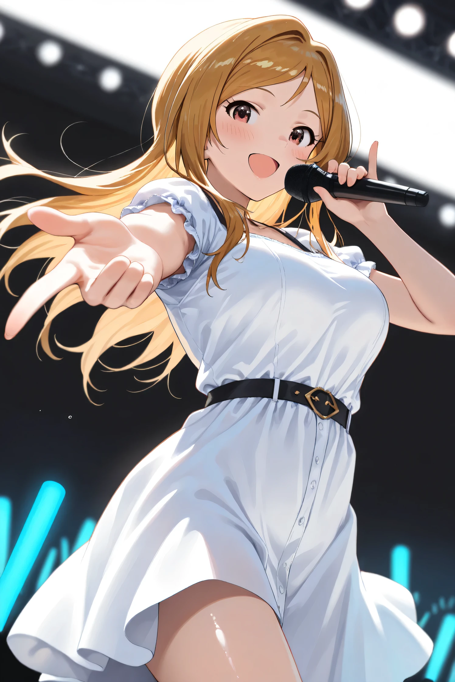 (Masterpiece), (Highest quality), (Very detailed),
(The best shape), (Best Shadow), (Absurd),
(Detailed background), (So beautiful), (Shiny),
(Extraordinary), (Countershading), (8k), (32K),
(High resolution), (Very Detailed CG), (UHD),
(Score_9), (Score_8_up), (Score_7_up),
(Source_anime), (Pastel painting:1.2),
(Watercolor painting:1.2),(Masterpiece, Detailed:1.2), (Foreshortening:1.2),
(Cinematic), (Dramatic), (Depth of field:1.4),
(Blurry background:1.4), (Realistic background:1.4),
(Foreshortening:1.3), (Dynamic angle), (1 girl),
(Simple background), (Black background),
(Idol stage), (blue glowsticks),
(Casual wear:1.3),
(White dress:1.3),
(One cordless microphone),
(Cowboy shot), (Focus on face), (Close up shot),
(Blush:1.3), (Happy), (Smile), (Singing),
(Realistic skin), (Shiny skin),
(Momose Rio),
(The idolmaster million live!),
(mirishita),
IMMomoRio, long hair, breasts, blonde hair, brown hair, red eyes, medium breasts, brown eyes, parted bangs, large breasts,