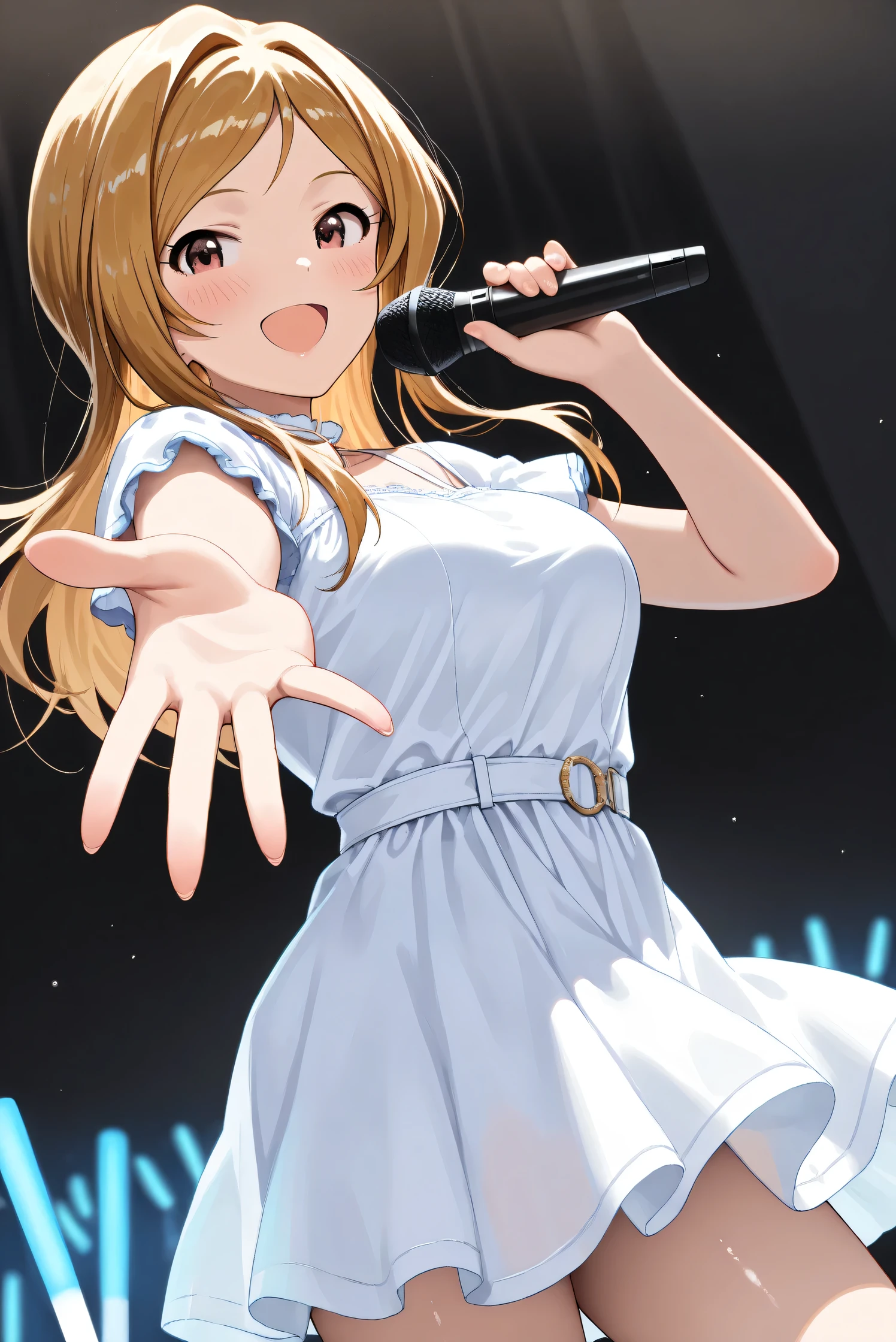(Masterpiece), (Highest quality), (Very detailed),
(The best shape), (Best Shadow), (Absurd),
(Detailed background), (So beautiful), (Shiny),
(Extraordinary), (Countershading), (8k), (32K),
(High resolution), (Very Detailed CG), (UHD),
(Score_9), (Score_8_up), (Score_7_up),
(Source_anime), (Pastel painting:1.2),
(Watercolor painting:1.2),(Masterpiece, Detailed:1.2), (Foreshortening:1.2),
(Cinematic), (Dramatic), (Depth of field:1.4),
(Blurry background:1.4), (Realistic background:1.4),
(Foreshortening:1.3), (Dynamic angle), (1 girl),
(Simple background), (Black background),
(Idol stage), (blue glowsticks),
(Casual wear:1.3),
(White dress:1.3),
(One cordless microphone),
(Cowboy shot), (Focus on face), (Close up shot),
(Blush:1.3), (Happy), (Smile), (Singing),
(Realistic skin), (Shiny skin),
(Momose Rio),
(The idolmaster million live!),
(mirishita),
IMMomoRio, long hair, breasts, blonde hair, brown hair, red eyes, medium breasts, brown eyes, parted bangs, large breasts,