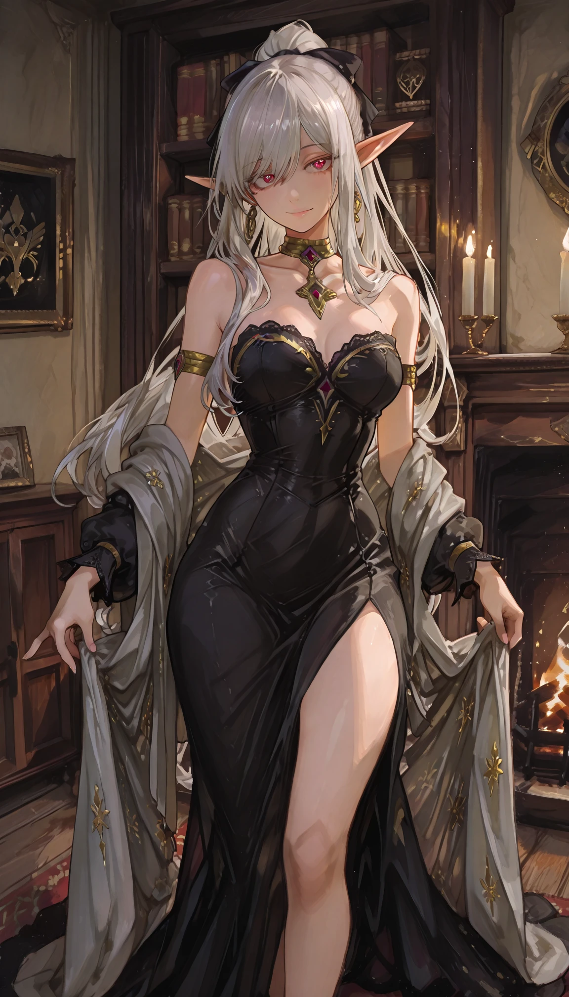 masterpiece, high quality, illustration, extremely detailed, cg unity 8k, hallway, 1_women, (exotic skin_complexion:1.4),mature, statuesque, tall, beautiful, exotic, (((looking away from the viewer))), busty, ((masterpiece, high quality, illustration, extremely detailed, throne room, 1_women, pointing, (exotic skin_complexion:1.4),mature, statuesque, tall, beautiful, exotic, stoic face, nsfw, busty, chest window, ((cleavage)), and halter dress, black ((diaphanous sparkling dress)) with gold trim, black knee_high boots, white embroidery elbow gloves, long white hair with ((red hair underneath)), realistic and detailed face having (((hazel_eyes)), ((dark_eyeliner)), long_eyelashes), natural dynamic lighting casts detailed shadows, by canon dos, sigma art lens 35mm f1.4, iso 100 shutter speed 2000, detailed face having (((hazel_eyes)), ((dark_eyeliner)), long_eyelashes), natural dynamic lighting casts detailed shadows, by canon dos, sigma art lens 35mm f1.4, iso 100 shutter speed 2000