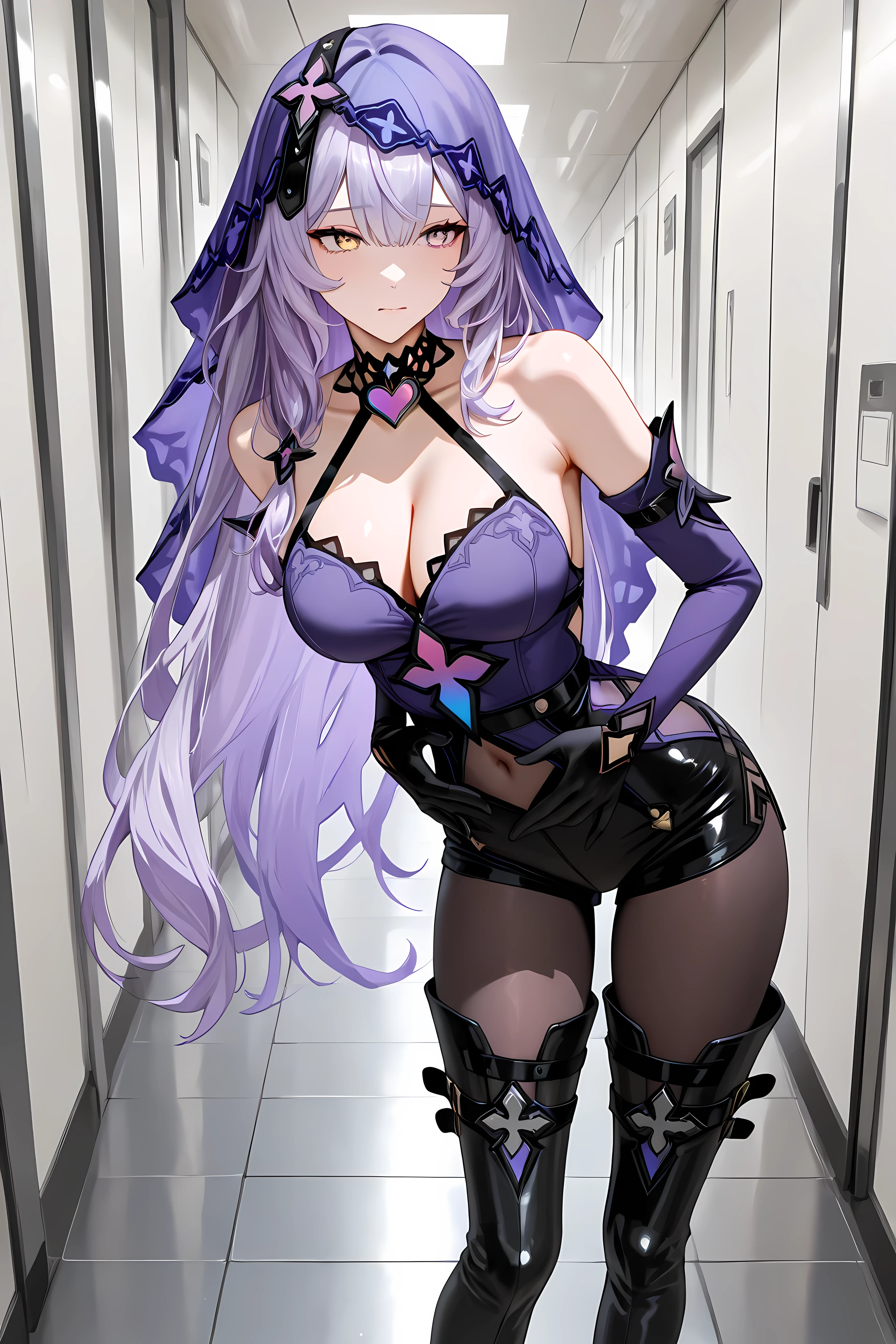 BlkSwnDefault, purple eyes, yellow eyes, gradient eyes, purple hair, long hair, purple veil, heart choker, lace choker, halterneck, purple dress, detached sleeves, black gloves, cleavage, see-through navel, high-waist pantyhose, black shorts, thigh boots,
Solo, general, masterpiece, highres, ultra-detailed, hyper-detailed, best quality, amazing quality, very aesthetic, best hands, best eyes, best hand
adult woman, 1Woman, leaning forward, both hand at own stomach, both hand clutching stomach, pained face, slightly pale face, clutching stomach, proportional, hallway, large hallway, steel plate walls, steel plate floor, gray steel plate, doorless, windowless,