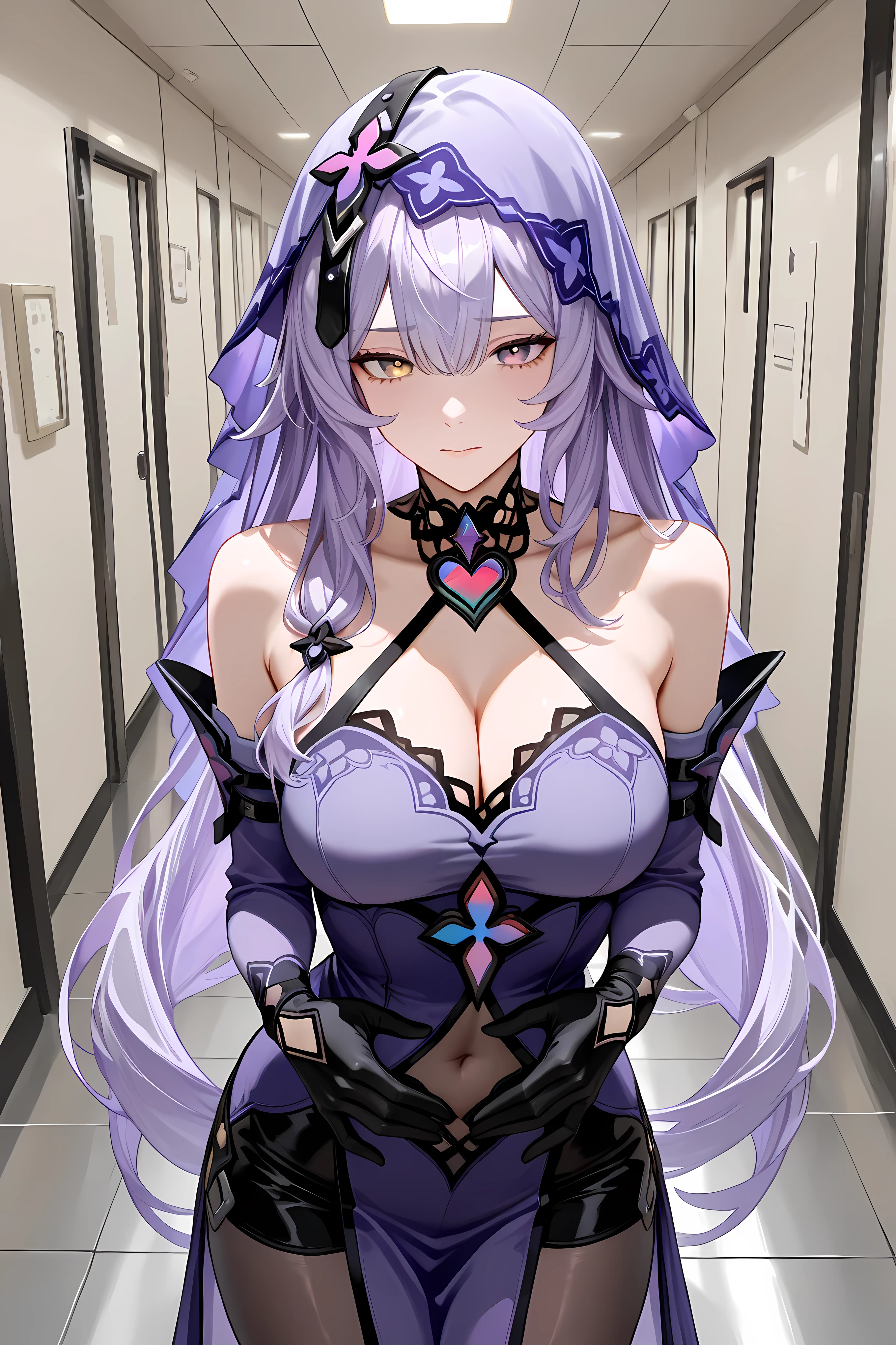 BlkSwnDefault, purple eyes, yellow eyes, gradient eyes, purple hair, long hair, purple veil, heart choker, lace choker, halterneck, purple dress, detached sleeves, black gloves, cleavage, see-through navel, high-waist pantyhose, black shorts, upper body shot,
Solo, general, masterpiece, highres, ultra-detailed, hyper-detailed, best quality, amazing quality, very aesthetic, best hands, best eyes, best hand
adult woman, 1Woman, leaning forward, both hand at own stomach, both hand clutching stomach, pained face, slightly pale face, clutching stomach, proportional, hallway, large hallway, steel plate walls, steel plate floor, gray steel plate, doorless, windowless,