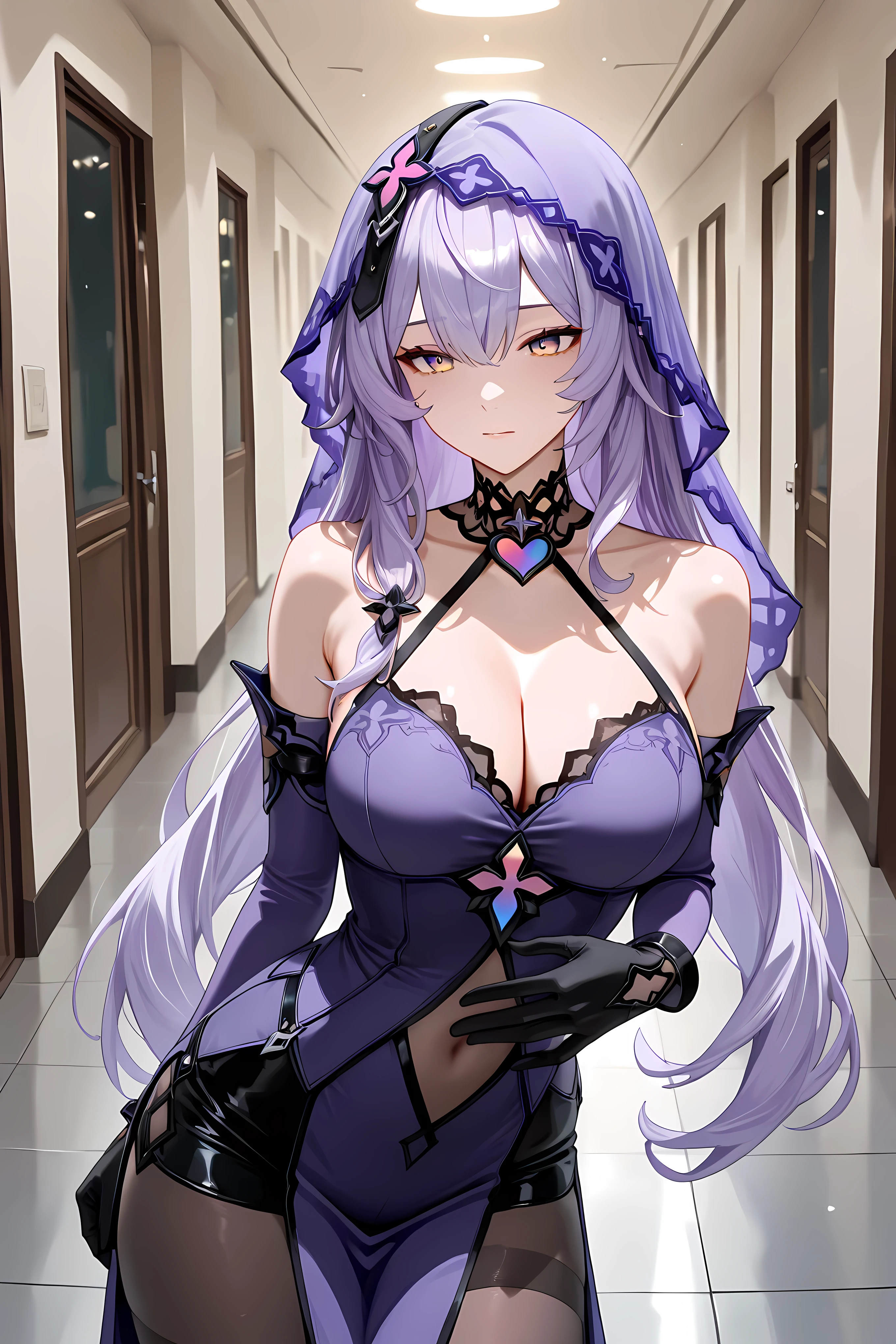 BlkSwnDefault, purple eyes, yellow eyes, gradient eyes, purple hair, long hair, purple veil, heart choker, lace choker, halterneck, purple dress, detached sleeves, black gloves, cleavage, see-through navel, high-waist pantyhose, black shorts, upper body shot,
Solo, general, masterpiece, highres, ultra-detailed, hyper-detailed, best quality, amazing quality, very aesthetic, best hands, best eyes, best hand
adult woman, 1Woman, leaning forward, both hand at own stomach, both hand clutching stomach, pained face, slightly pale face, clutching stomach, proportional, hallway, large hallway, steel plate walls, steel plate floor, gray steel plate, doorless, windowless,