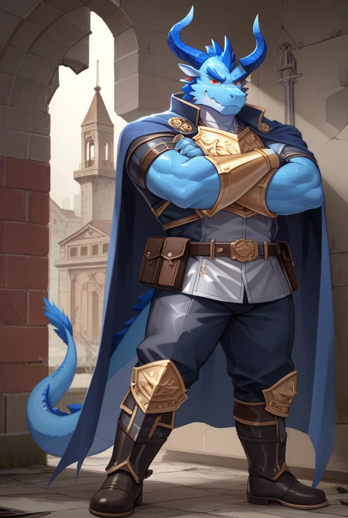 A Legiana as a German official posing for a portrait, white-blue uniform, clawed fingers, 4 fingers, 1900s photograph, long coat, , blue outlining, padded fingers, golden-blue belt, tail, yellow eyes, front view,