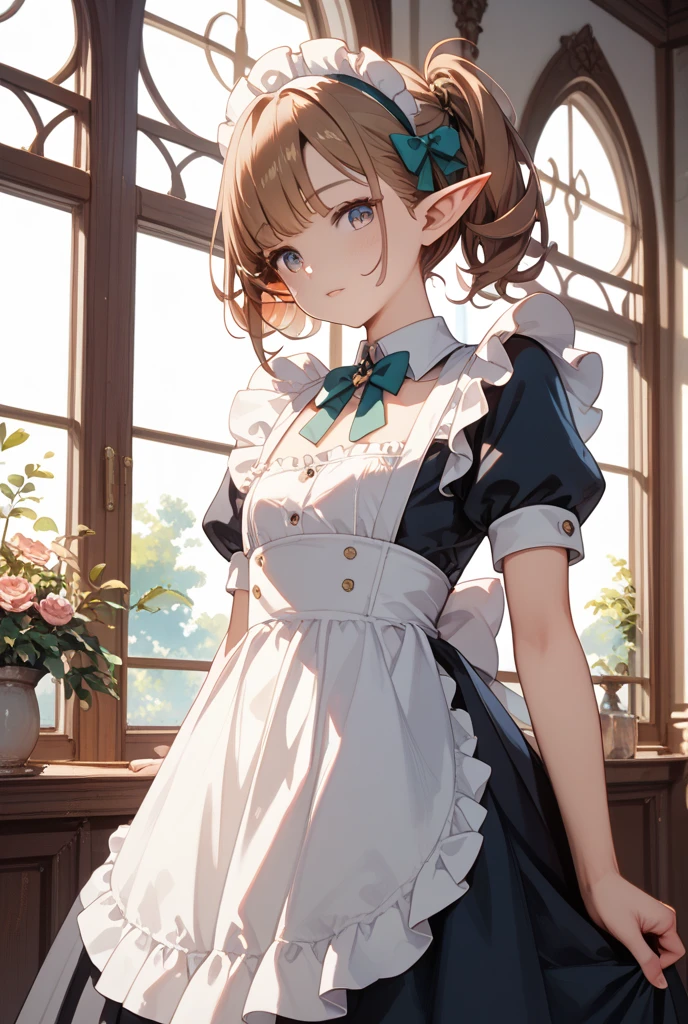 masterpiece, best quality,1girl, solo,whtie hair,medium hair,blue eyes,long sleeves,juliet sleeves,apron,maid,maid headdress,puffy sleeves,green dress,vest,buttons, white thighhighs,standing, looking at viewer, nose blush, holding fluffy towel,