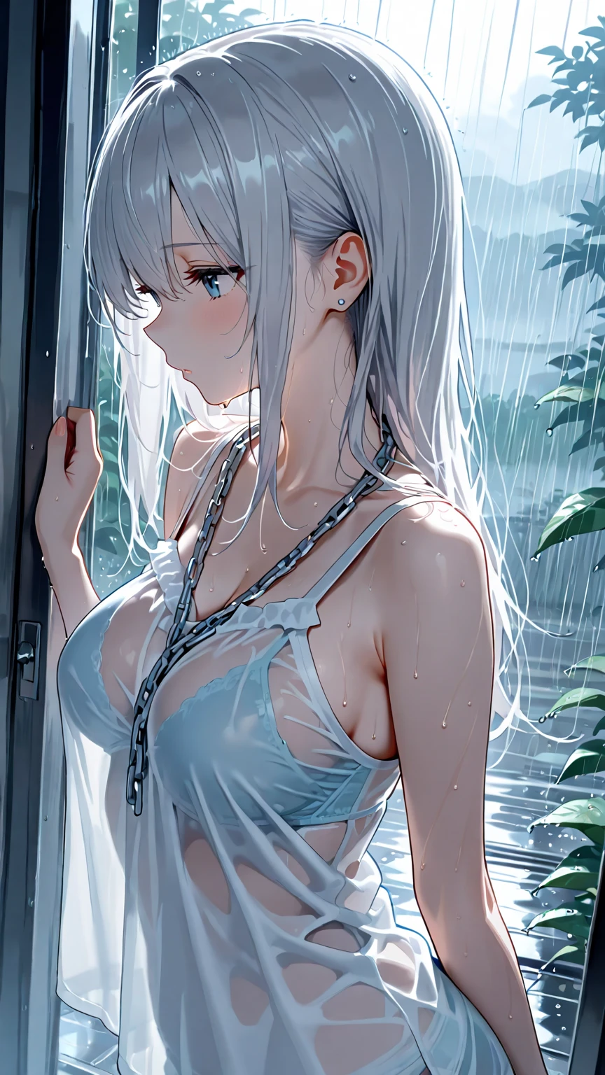 Ultra High Resolution, Masterpiece, (Lori: 1.5), (Gray hair: 1.5), Detailed details, Red eyes, (Small ???????: 1.5), Full body view, Navel, Background blur, Ray tracing, Eyes looking at camera, Happy expression, Bareleg, Barefoot, (Panties only: 1.5), Standing, (Big white shirt: 1.2), (Shirt unbutton: 1.2), (Without bra: 1.3), (Black panties: 1.2), sheer clothes, slim figure, slender legs, sweat, Walk through the river at night through swarms of fireflies