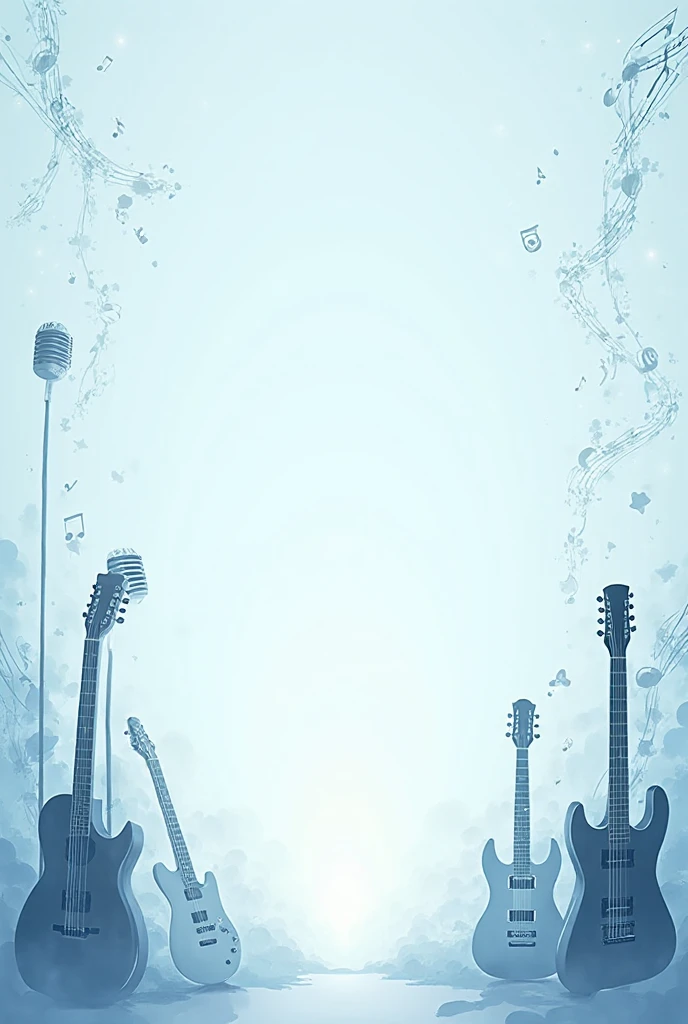 TABOO card of 7x10 cm, with a light blue background and musical elements: microphones, guitars, musical notes and stage lights. soft edges, empty center, without text.