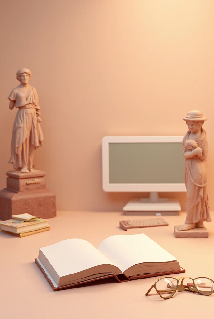Can you make a beige background with a book in the middle,infront of a computer with a historical statue on it with a few background models with pastel pink,beige and brown