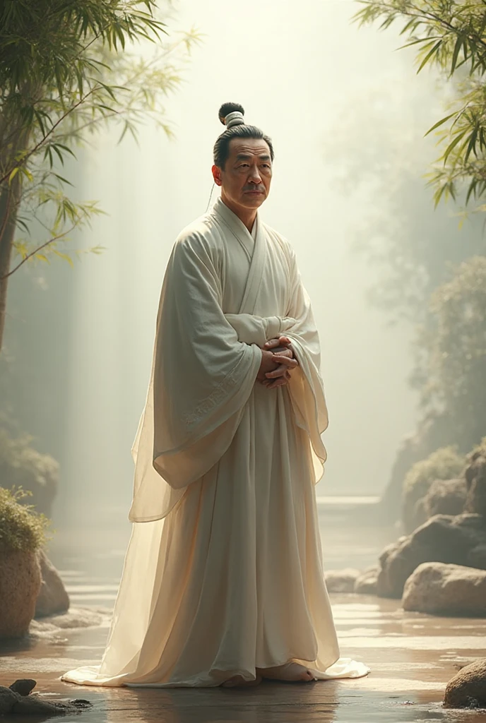 A Taoist priest has an immortal demeanor，Sitting on the stone in white clothes，Green background