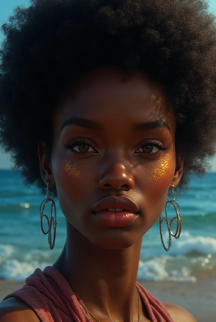 (Close-up of a better masterpiece:1.5)0.9], (Ocean and sea :1.2) (black afro hair:1.1) (dark brown skin and brown eyes:1.2) ( sparkle in the eyes:1.0) (A radiant glow:1.1) (thick lips:0.9)