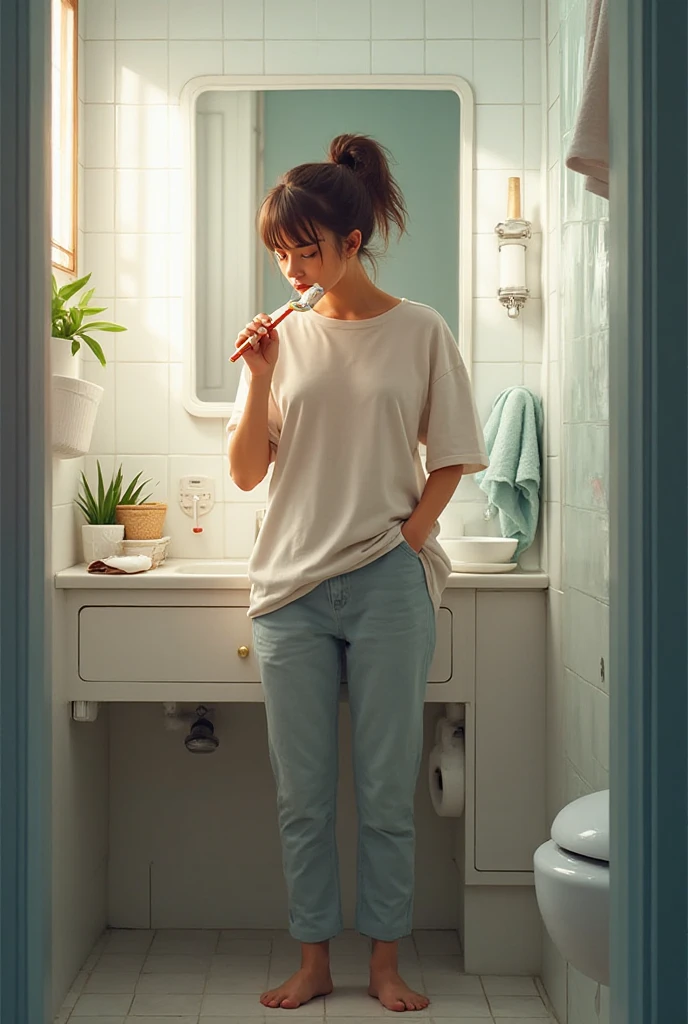 (tall thin attractive European woman standing in a new bathroom), (((light blue skinny jeans))), (mint green blouse), black belt, (white high heels), (((bright lighting))), (((show heels))),  (short curly red hair), blue eyes,  inviting smile, , peeing her jeans, jeans wet with  down the legs, , peeing, self wetting, wetting self, shoes wet with , shoes filled with , standing in puddle of , thighs wet with , (shins wet with ), ((jeans are shiny wet with )), jeans legs wet with , front pockets wet with , ( following folds on front of jeans), ((jeans legs really soaked in )),  spreading down legs,  spreading on shins, (( stains are dark blue)), ((jeans soaked in  below the knee)), ((bright lighting))