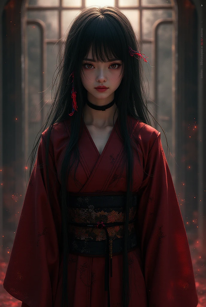 Highest quality、Masterpiece、Highest detail、Japanese Yokai、A  hell girl floating in the darkness、Bob-haired beautiful girl、Vermilion eyeliner、Glare、Feeling fear、Red background、Multiple exposure dense fog