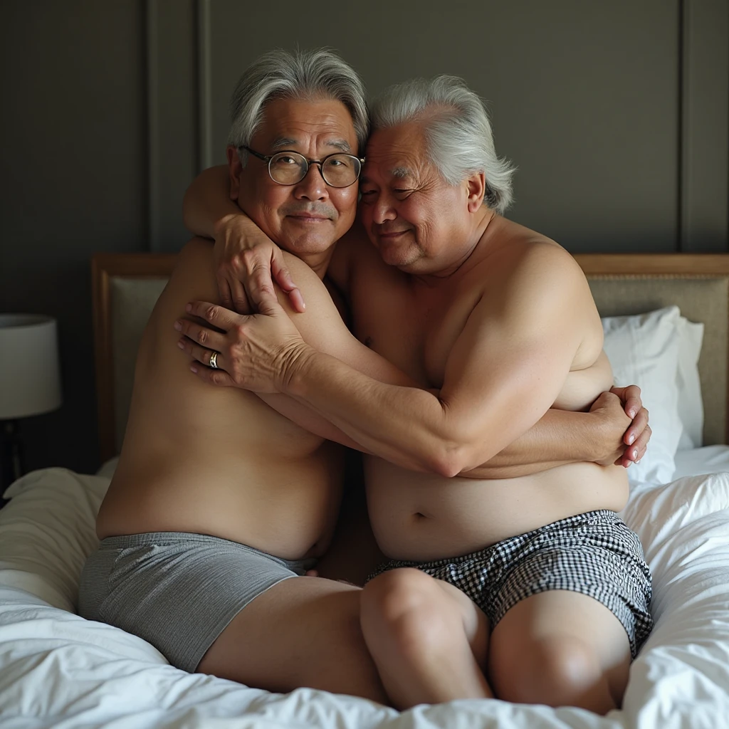 2 Vietnamese grandfathers with gray hair, old man face, a thick gray mustaches, a short gray chin beard, bear body, wearing a massive bulging gray jockstraps stand in the bedroom, have belly, big muscular ?????, a ???? pose, show ?????????.

