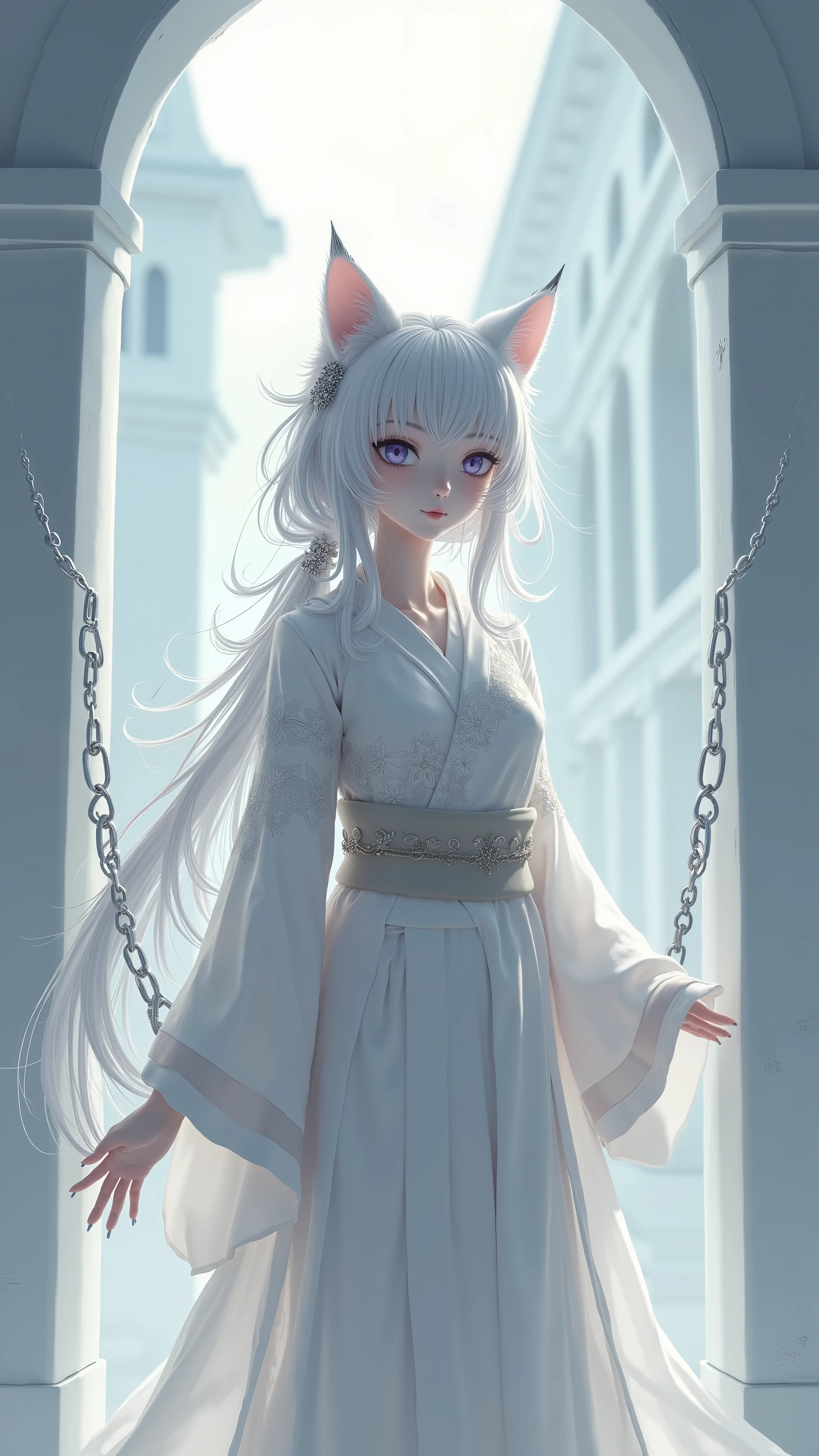 high-definition images、cat girl trapped in a white castle、wearing a kimono、white wall on white chain