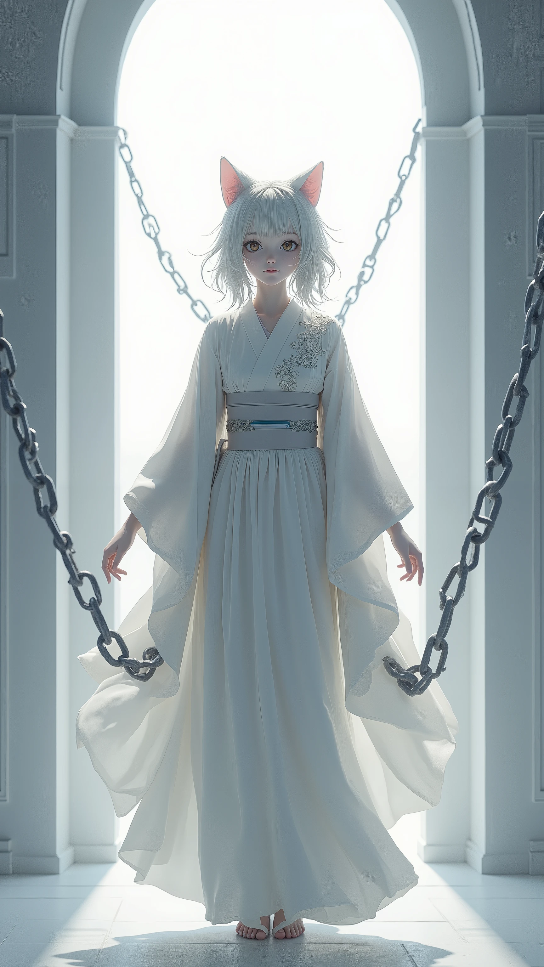 high-definition images、cat girl trapped in a white castle、wearing a kimono、white wall on white chain