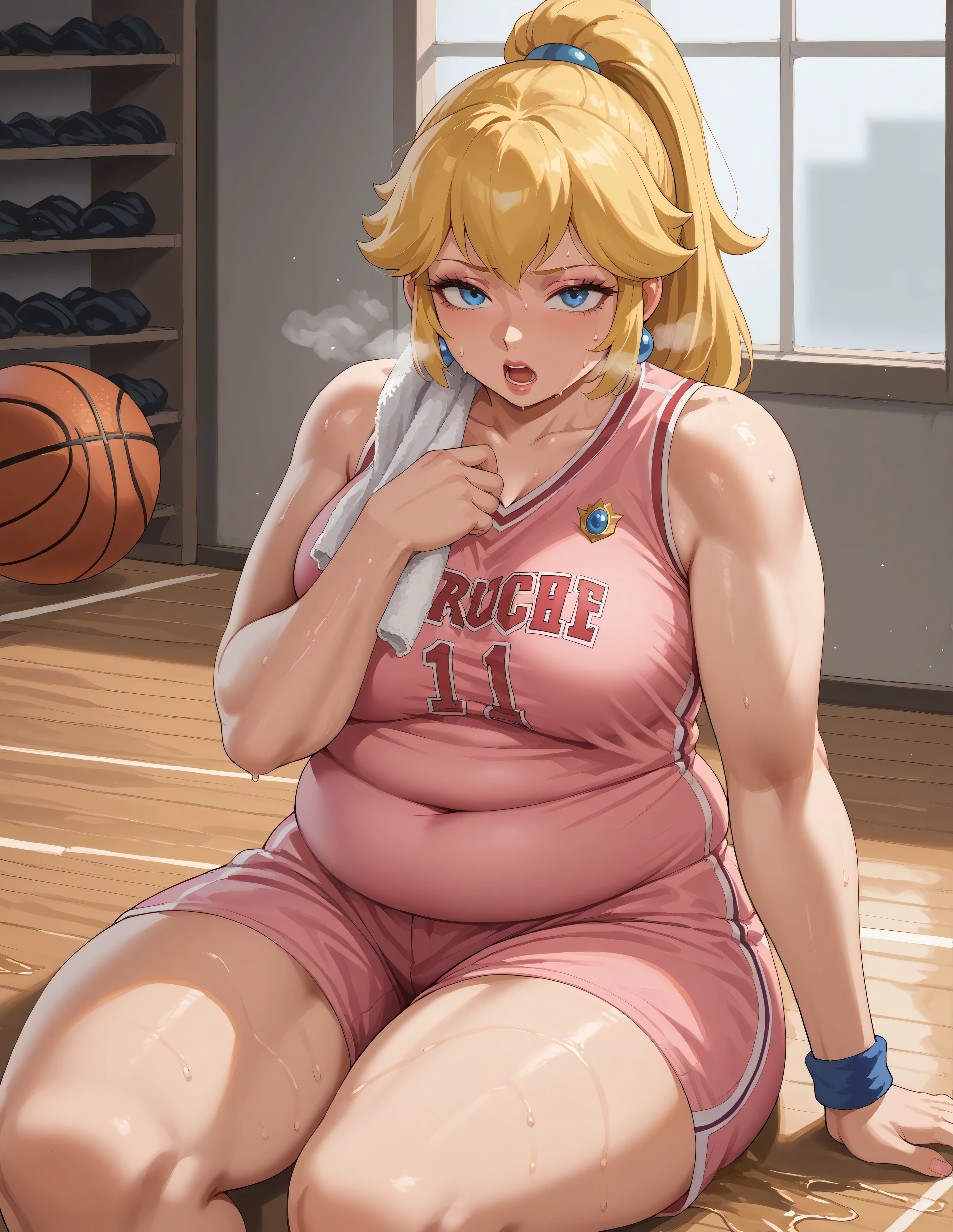 score_9, score_8_up, score_7_up, BREAK, 1girl, solo, princess peach, 1girl, solo, , blonde hair, ponytail, jewelry, bracelet, makeup, casual, cowboy shot, blue eyes, looking at the viewer, large breasts, hand on chest, pink tanktop, sweaty, pink shorts, sweating profusely, open mouth, exhausted, heavy breathing, puddle of sweat on the ground, steam coming out her mouth, gym, indoors, she wears pink shoes,medium breasts,, basketball uniform, basketball jersery, sportswear, jersey, shorts, sleeveless,, audience, gym, sweat, open mouth, steam, wiping sweat, towel, holding, sweat, holding towel, looking at viewer, open mouth,, cowboy shot, half shut eyes, sitting down, obese, chubby, thick thighs