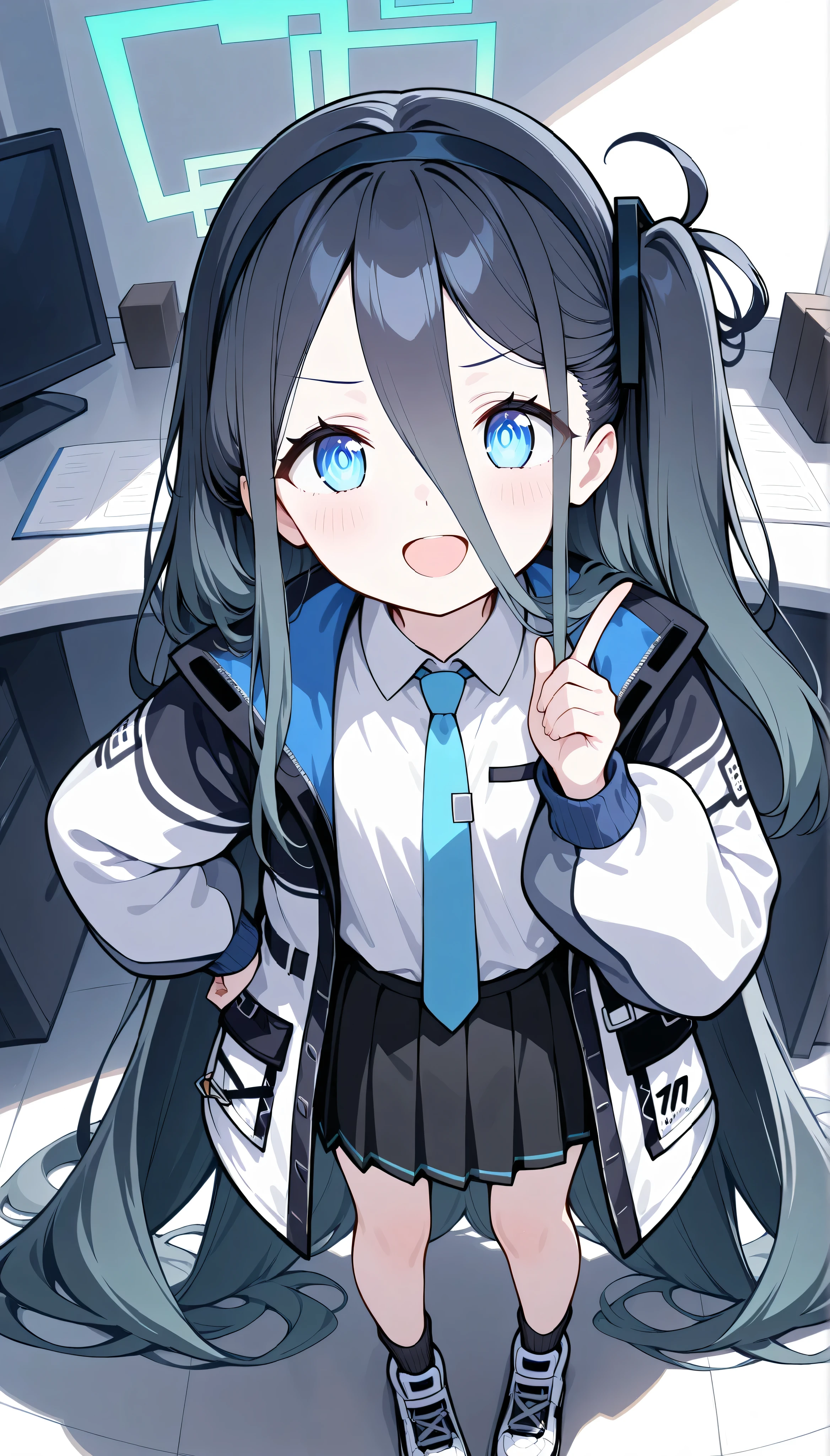 aris \(blue archive\),blue eyes,one side up,absurdly long hair,hair hair between eyes,black hairband,halo,white jacket,necktie,pleated skirt,black socks,sneakers,solo,　I can see my eyebrows from the inside of my hair, hair between eyes,　 is embarrassing, masterpiece, Best Quality, very aesthetic,　office, doyagao, open mouth, standing, put up index finger,