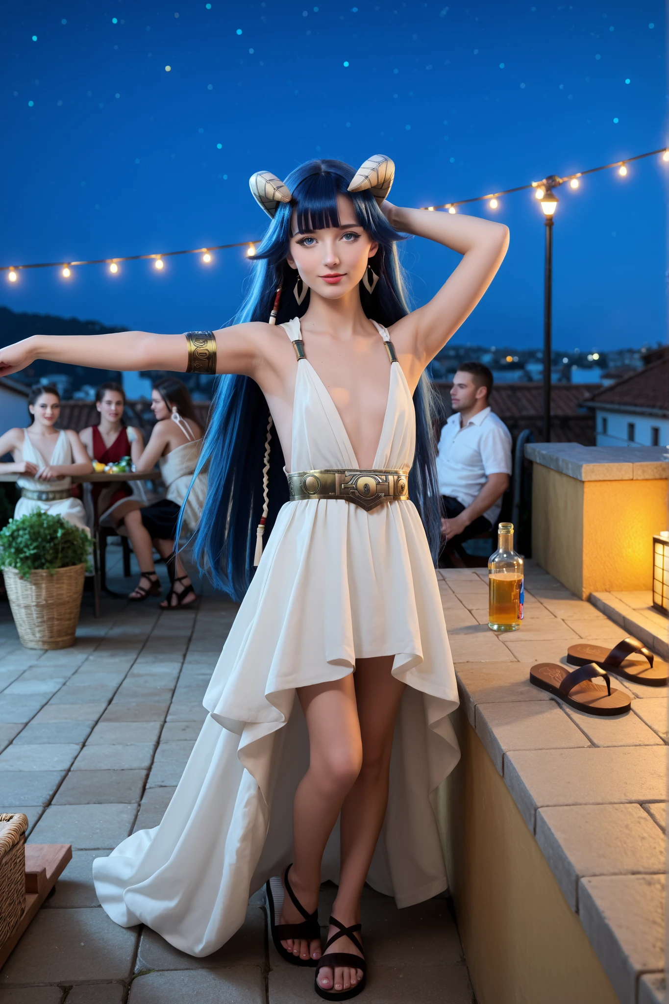 1girl, Saphir Maasa, blunt bangs, very long hair, blue hair, blue eyes, hair tubes, horns,ancient Greek clothes, small breasts, sleeveless dress, white dress, armlet, belt,  sandals,  at a party, surrounded by many people, dancing drinking music, several people in the background, on a rooftop, roof patio outdoors, string lights, night, natural lighting, in full view in a highly detailed photorealistic style
