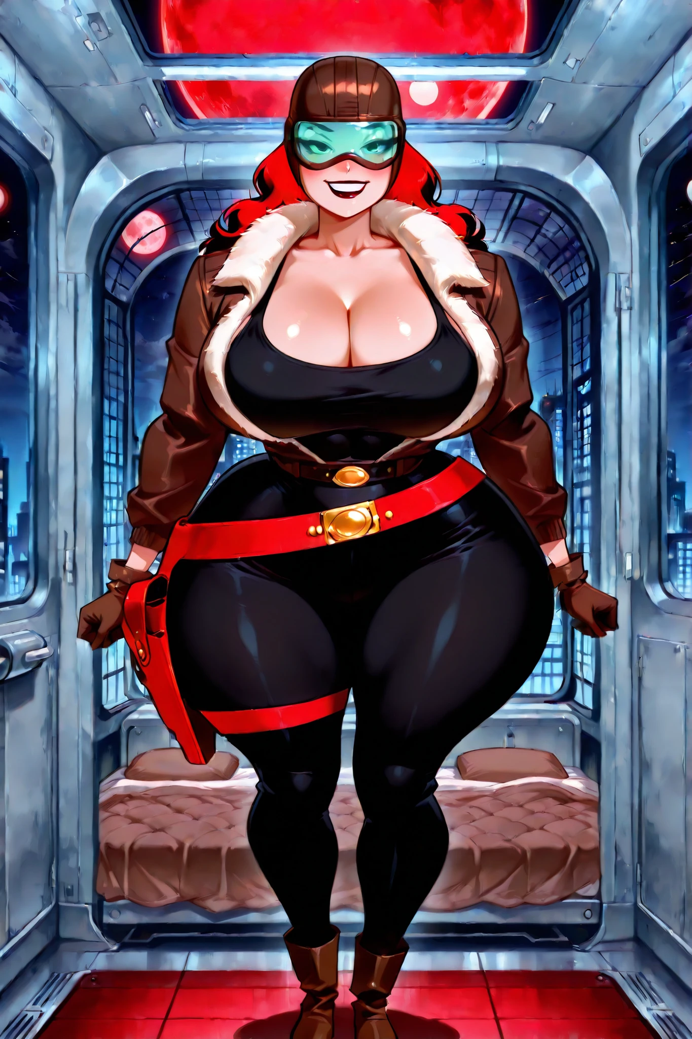 Score_9, score_8_up, score_7_up, score_6_up, score_5_up, score_4_up, BREAK, ((24k, insane details, insane resolution, insane detailed background, beautiful detailed eyes, beautiful detailed face, beautiful detailed hands, beautiful Detailed feet, Ultra Masterpiece, ultra quality, BREAK RS0TXTANE, 1girl, solo, dark red hair, long hair, brown aviator cap, turquoise-tinted goggles, dark red lipstick, brown aviator jacket with white fur collar, jacket, black tank top, black pants, belt, holster, brown gloves, brown boots.((Huge , huge , huge asscheeks, huge thighs, huge , 8 pack, abs, voluptuous Venus body, Venus body, cleavage,)), ((looking at viewer, grin, in love, blush, full body view, front view, standing up, BREAK at night, inside red-black air hanger, red-black jet in hangar, red-black metal walls, red-black-metal floor, standing next to massive red-black rocket shaped bed, brown blankets on rocket bed, brown pillows on rocket bed, at night, red-black gothic city outside window, red-black full moon outside tent window,)),