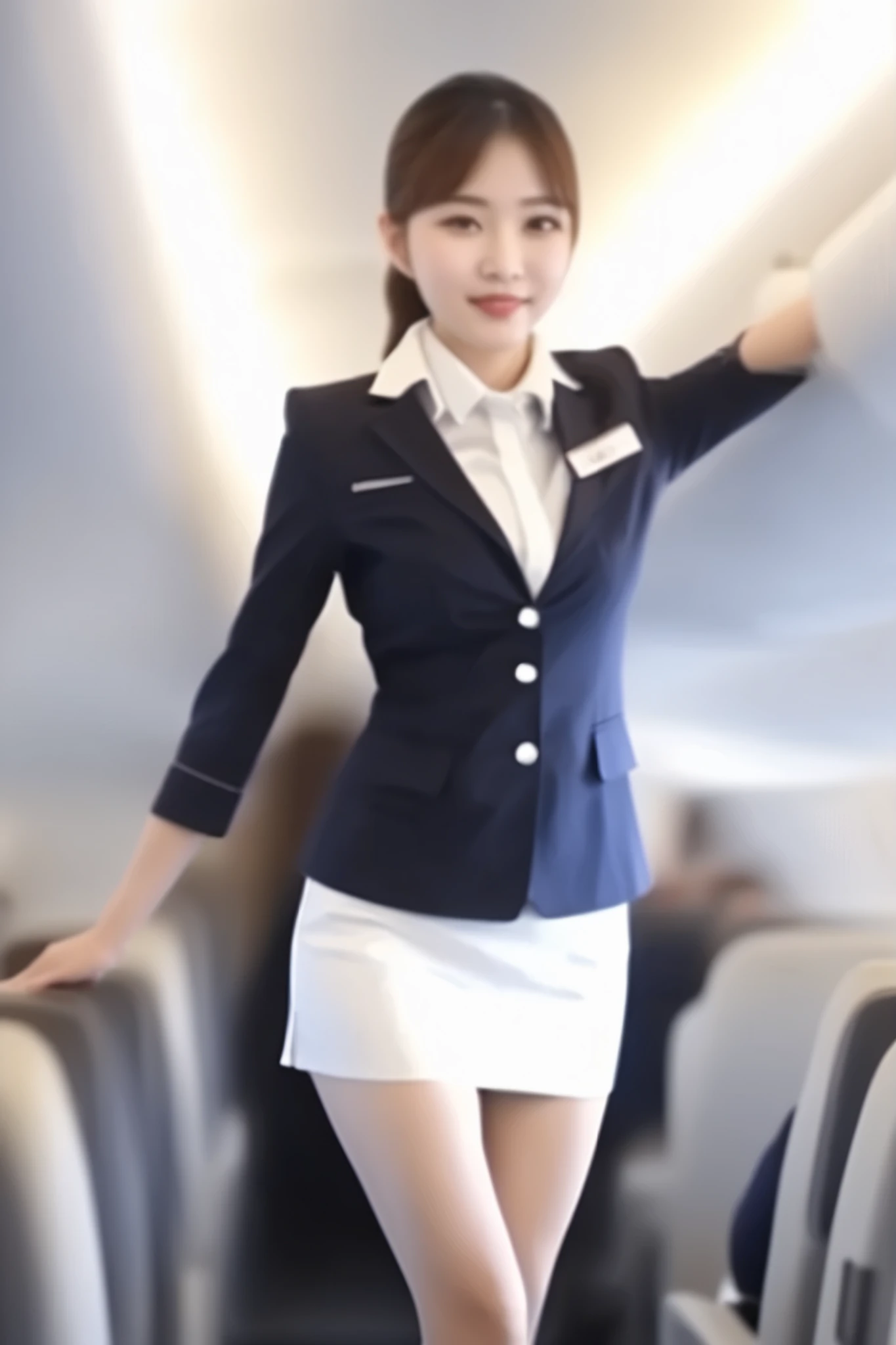young female flight attendant is crouching、Mini Skirt、showing white panties、22-year-old CA、sexy、The is clearly visible、