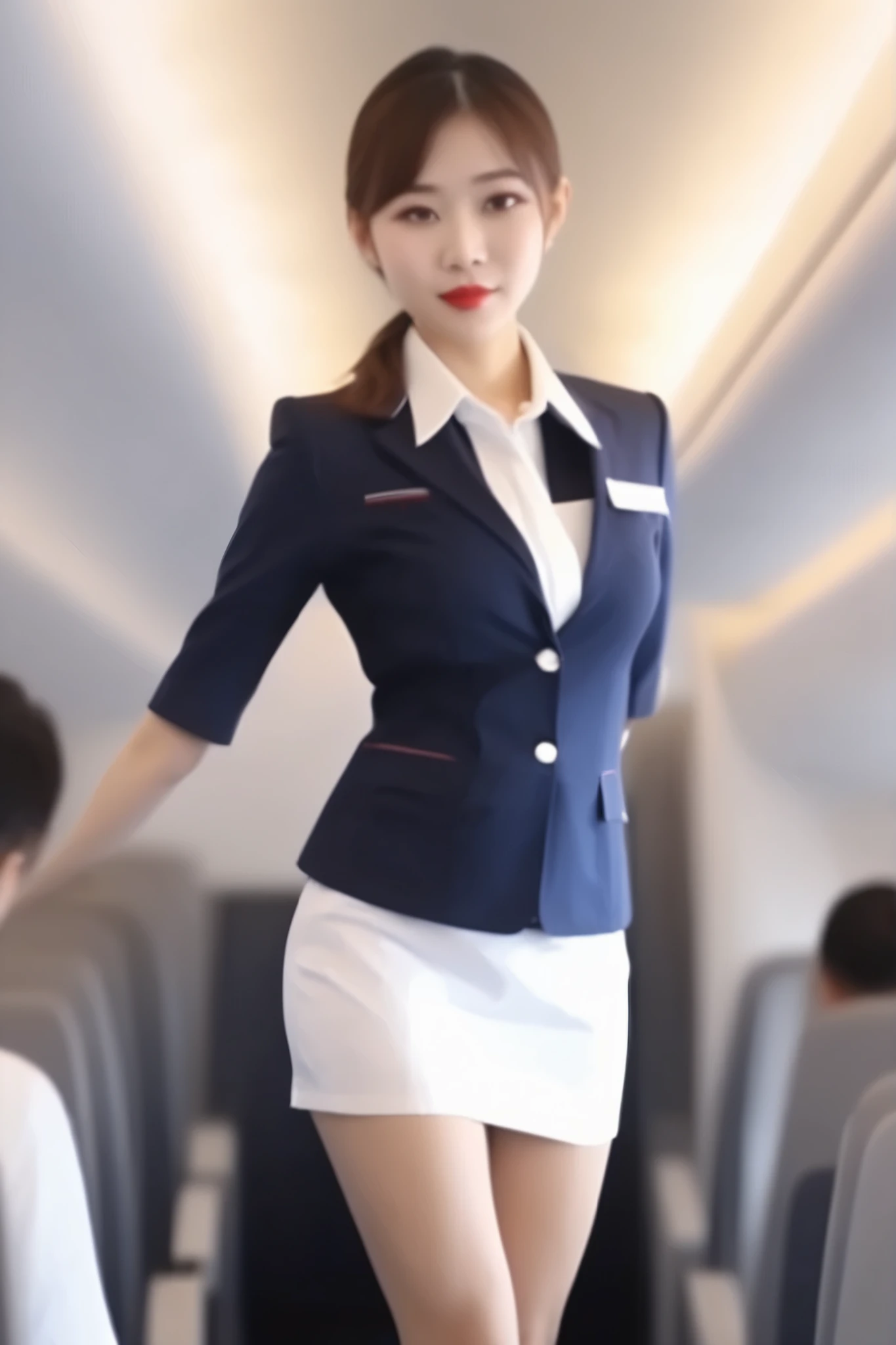 young female flight attendant is crouching、Mini Skirt、showing white panties、22-year-old CA、sexy、The is clearly visible、