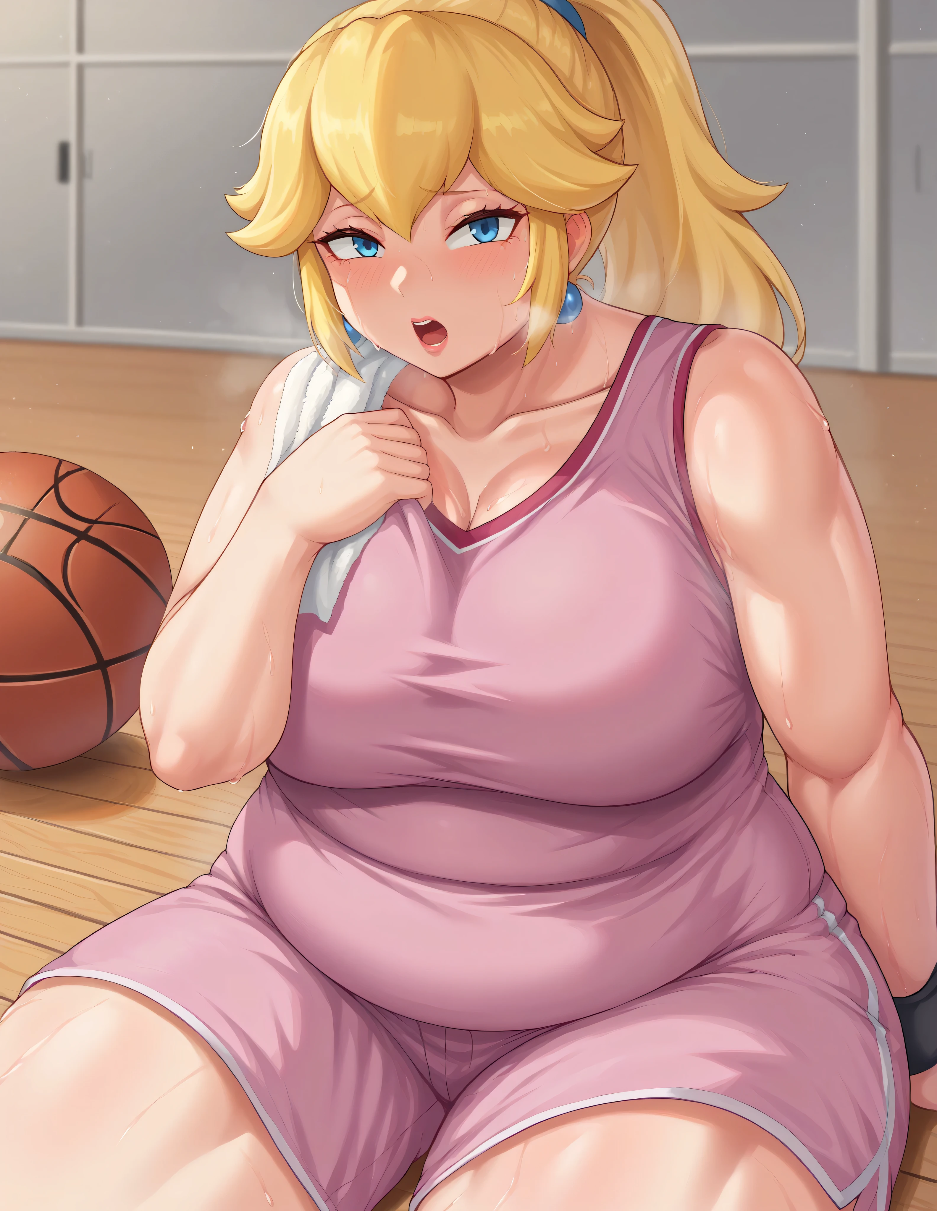 score_9, score_8_up, score_7_up, BREAK, 1girl, solo, princess peach, 1girl, solo, , blonde hair, ponytail, jewelry, bracelet, makeup, casual, cowboy shot, blue eyes, looking at the viewer, large breasts, hand on chest, pink tanktop, sweaty, pink shorts, sweating profusely, open mouth, exhausted, heavy breathing, puddle of sweat on the ground, steam coming out her mouth, gym, indoors, she wears pink shoes,medium breasts,, basketball uniform, basketball jersery, sportswear, jersey, shorts, sleeveless,, audience, gym, sweat, open mouth, steam, wiping sweat, towel, holding, sweat, holding towel, looking at viewer, open mouth,, cowboy shot, half shut eyes, sitting down, obese, chubby, thick thighs