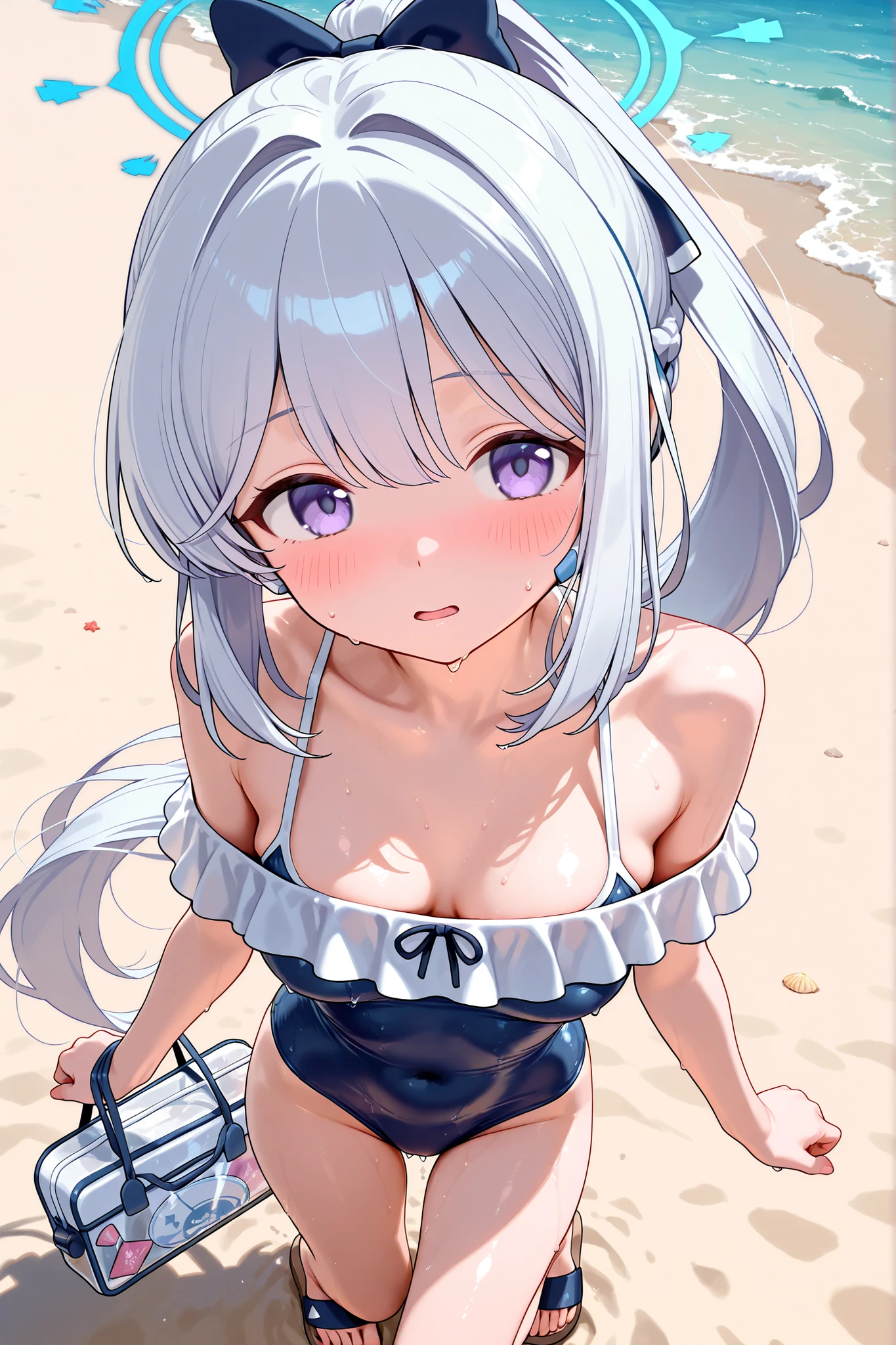 ((1 girl)),miyako-swim,miyako \(blue archive\),loli,purple eyes, white hair,long hair,ponytail,halo,one-piece swimsuit,frills,sandals,blush,medium breasts,focus breasts,zoom face,from above,in beach,masterpiece,Highest Quality,Very Detailed,Ultra High Definition,8k,4k,simple back ground,beautiful eyes,catchlight,