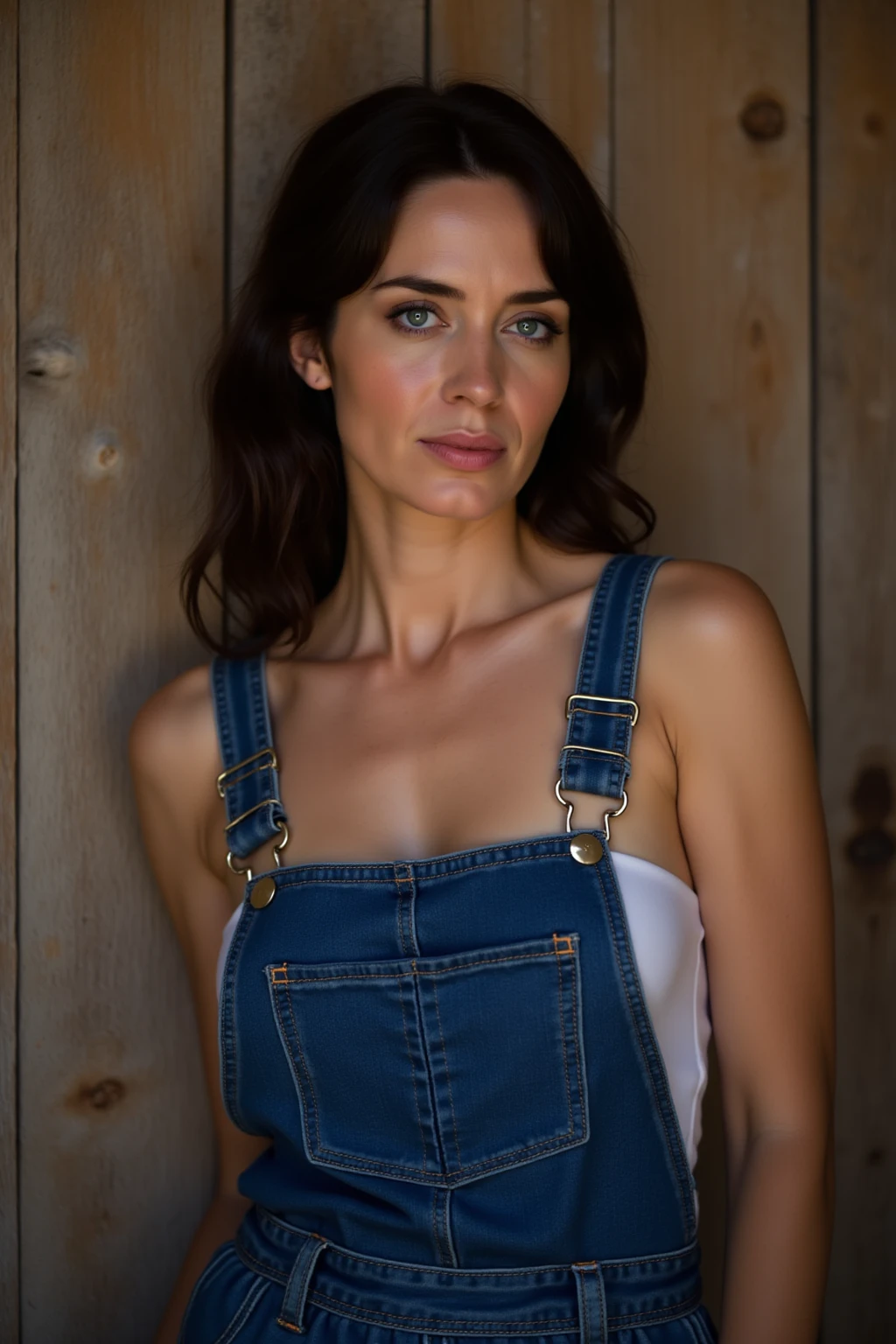 night, female, relaxed, backlit, (Deep Focus), contrast, (f_stop 2.8), (focal_length 35.0) f/2.8, 35mm focal length, analog photo, silhouette, spotlight, (denim skirt and top), (((posing kneeling))), (leaning forward) showing her face and ((focus on face)) (cleavage:1.15), pouting, big lips, a beautiful perky Scandinavian woman, Millie Bobby Brown, pale skin, make-up, perfect pink , Millie Bobby Brown's likeness, highly detailed face, ultra detailed oiled imperfect skin, long black  hair, (pierced ) ((hairy ))  piercing eyes, (  expression, lusty, :1.3), dark background, warm colors, RAW candid cinema, 16mm, color graded portra 400 film, remarkable color, ultra realistic, captured on a (Fujifilm X-Pro3) / (f_stop 16.0), (focal_length 24.0), very small pendant on fine necklace, highly realistic, realistic, masterpiece, absurdres, intircate, highly detailed, detailed, high quality, best quality, highres, photo_(medium), reality, dimly lit, low light, dim, dark, 8k, cinematic lighting, volumetric lighting, dim lighting, professional photography, perfect eyes, detailed hair