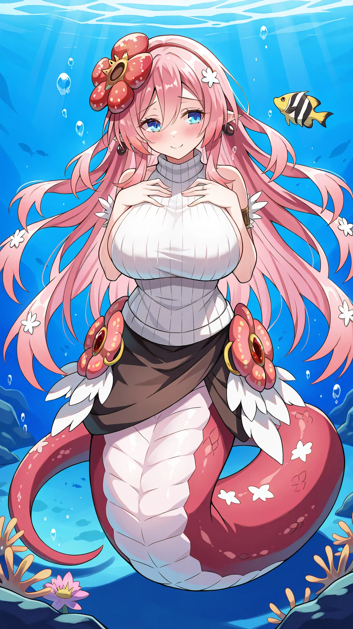 (Fraction_9:0.9),Fraction_8_Up,Fraction_7_Up,grade,(zPDXL3),( masterpiece), (best quality ),(All five fingers ),(five fingers),a girl,alone,traptrix_rafflesia,pink hair,hair_flower,long hair,blue eyes,Head fin,white sleeveless sweater,big boobs,big boobs,lamia,The lower part of the body is a light pink snake tail,very beautiful,Smile,shy,Full body picture,has no legs,(Underwater:1.2),seabed,shy,Smile,Place your hands on your chest,masterpiece after sex,性爱后的masterpiece after sex