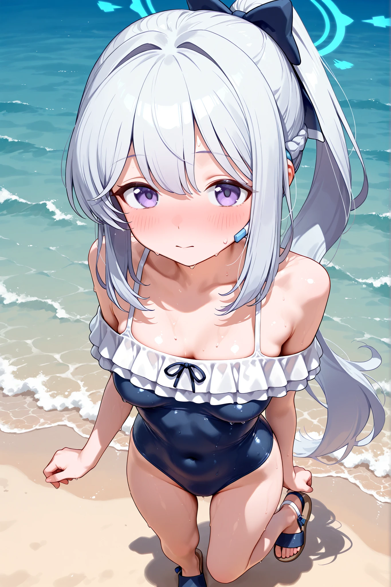 ((1 girl)),miyako-swim,miyako \(blue archive\),loli,purple eyes, white hair,long hair,ponytail,halo,one-piece swimsuit,frills,sandals,blush,medium breasts,focus breasts,zoom face,from above,in beach,masterpiece,Highest Quality,Very Detailed,Ultra High Definition,8k,4k,simple back ground,beautiful eyes,catchlight,