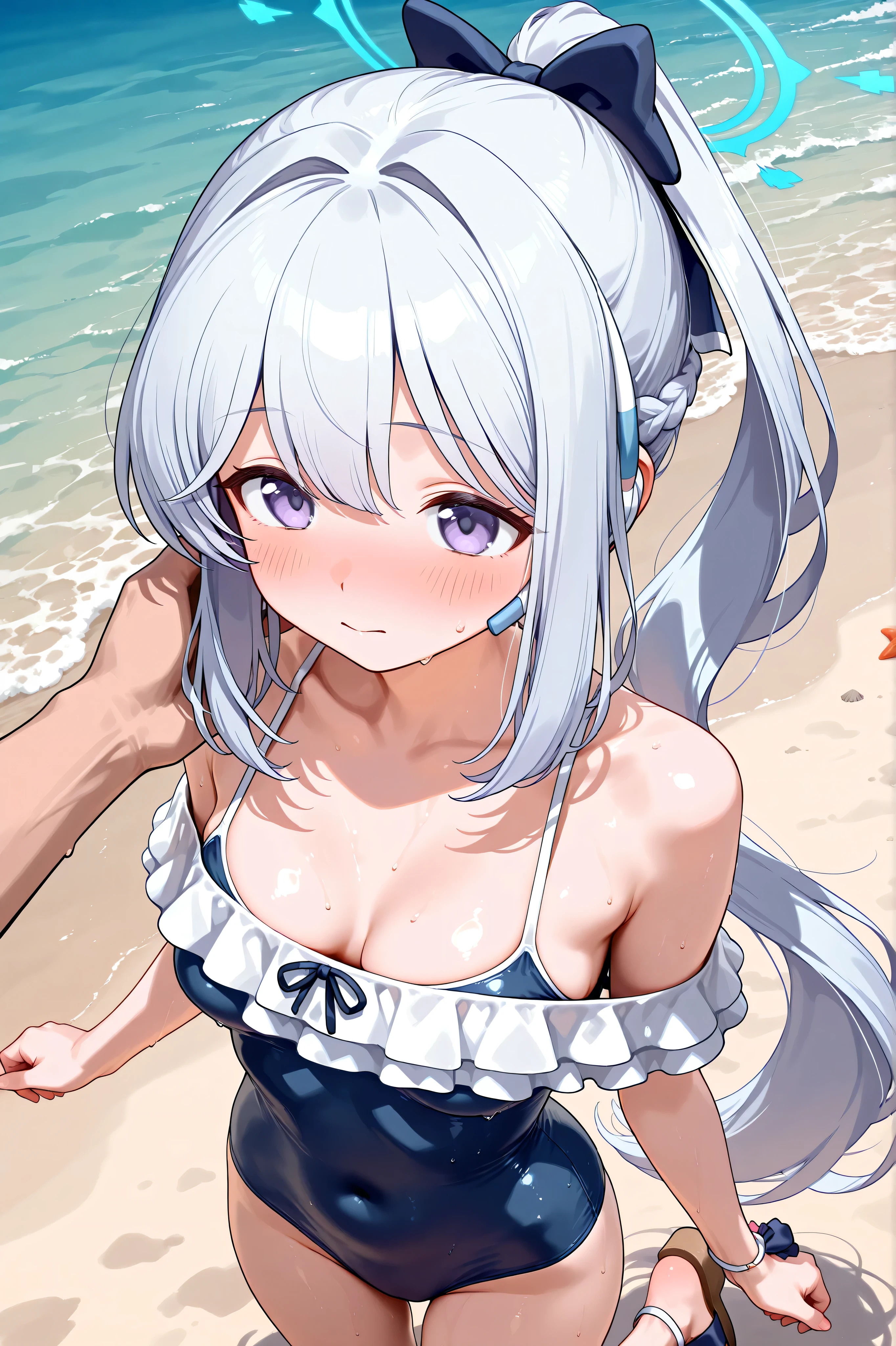 ((1 girl)),miyako-swim,miyako \(blue archive\),loli,purple eyes, white hair,long hair,ponytail,halo,one-piece swimsuit,frills,sandals,blush,medium breasts,focus breasts,zoom face,from above,in beach,masterpiece,Highest Quality,Very Detailed,Ultra High Definition,8k,4k,simple back ground,beautiful eyes,catchlight,