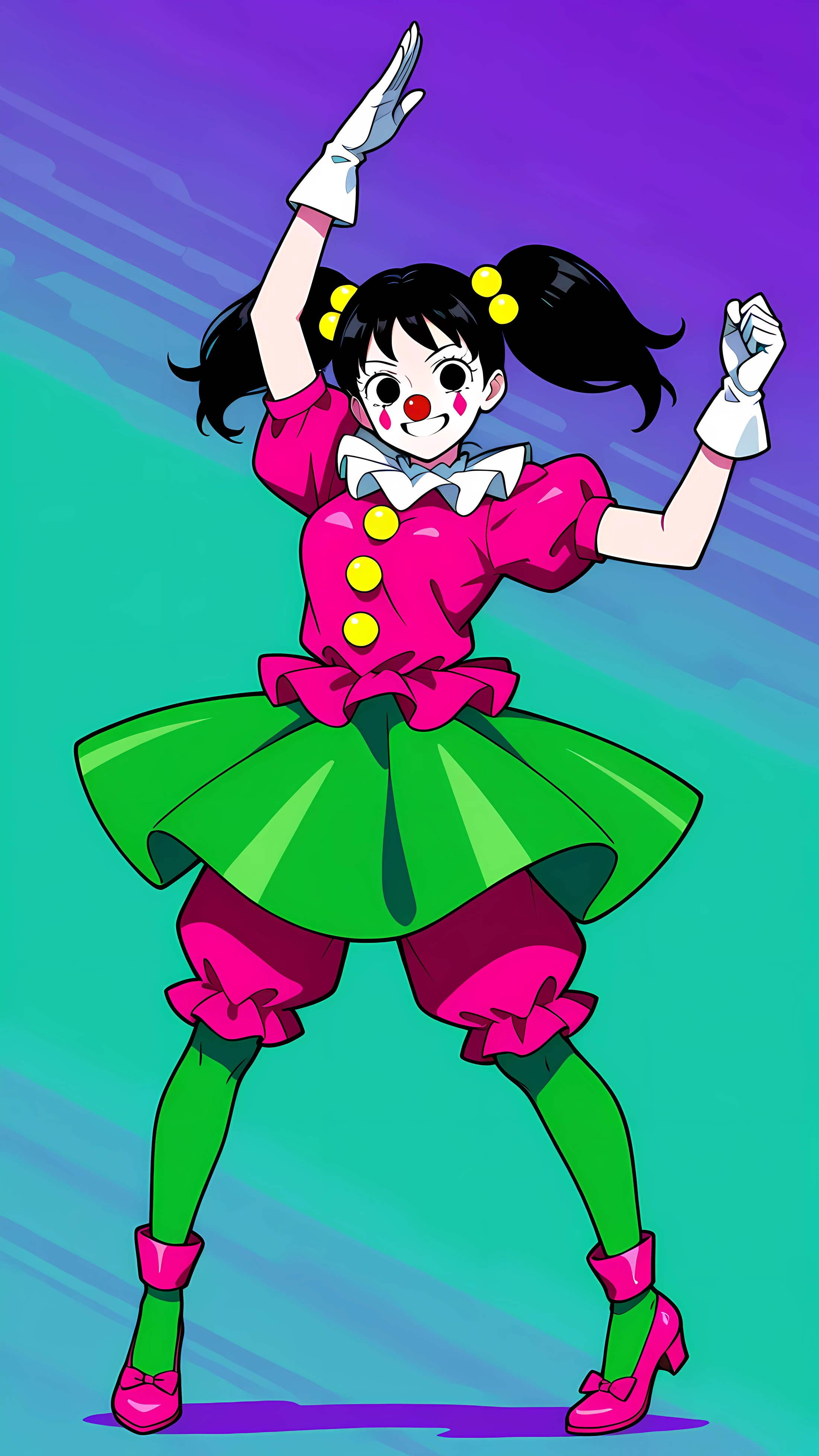 Clown girl, one girl, green color clothes, pink color clothes, full body, dynamic pose, smile, black hair,   black eyes