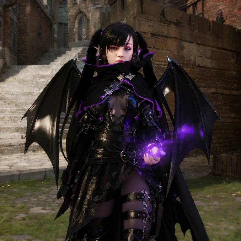 1 man,black and purple hair,red detailed eyes, multicolored hair,villain face,dragon horn,full devil armor combine with angel armor combine with hoodie,holding a black dragon katana,dragon Wings,Shogun cloak, authoritative pose,devil aura,shoulder armor,hand armor