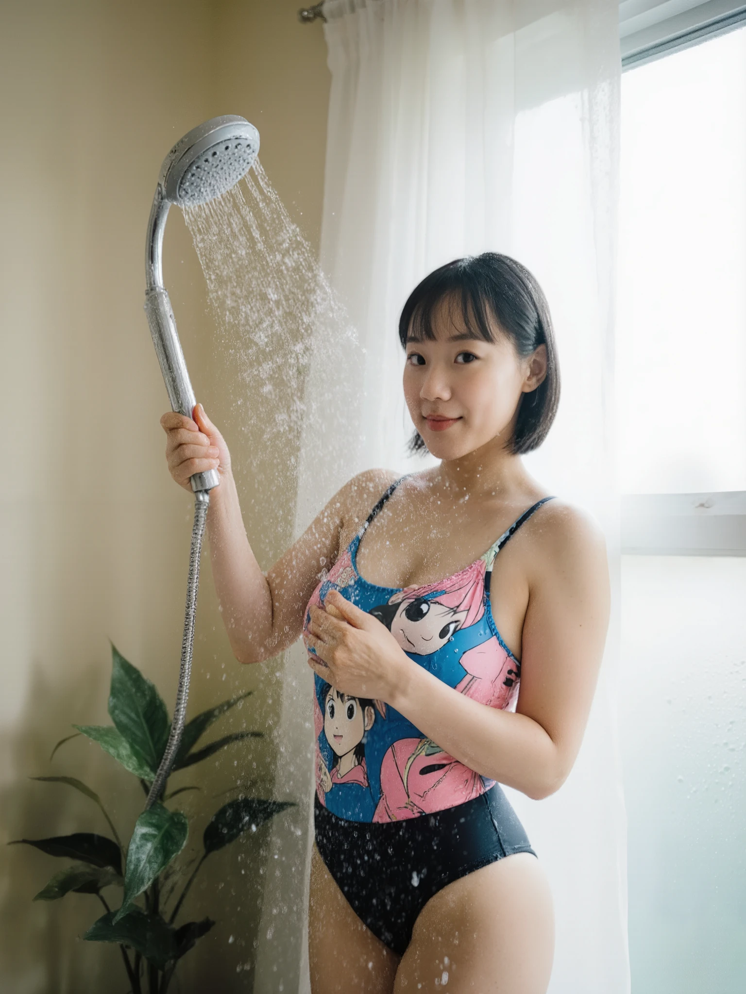 {
"prompt": "Ultra-realistic indoor portrait of a person standing near a window, holding a handheld shower head spraying gentle water. The person wears a colorful anime-printed swimsuit top and dark bottoms, with a playful facial expression and soft lighting illuminating the scene. Background features light beige walls, a white sheer curtain, and a green houseplant near a frosted glass window. Composition is tight and intimate, with shallow depth of field focusing on the face and water droplets, smooth bokeh in the background. The color palette blends warm skin tones, pink, blue, and soft natural whites. The atmosphere feels bright, candid, and relaxed, captured with a DSLR camera using a 35mm lens, f/2.8 aperture, ISO 100, natural diffused daylight, cinematic tone and film texture.",
"style": "ultra-realistic, cinematic photography, shallow depth of field, analog-inspired color grading, natural light diffusion, lifestyle editorial aesthetic"
}