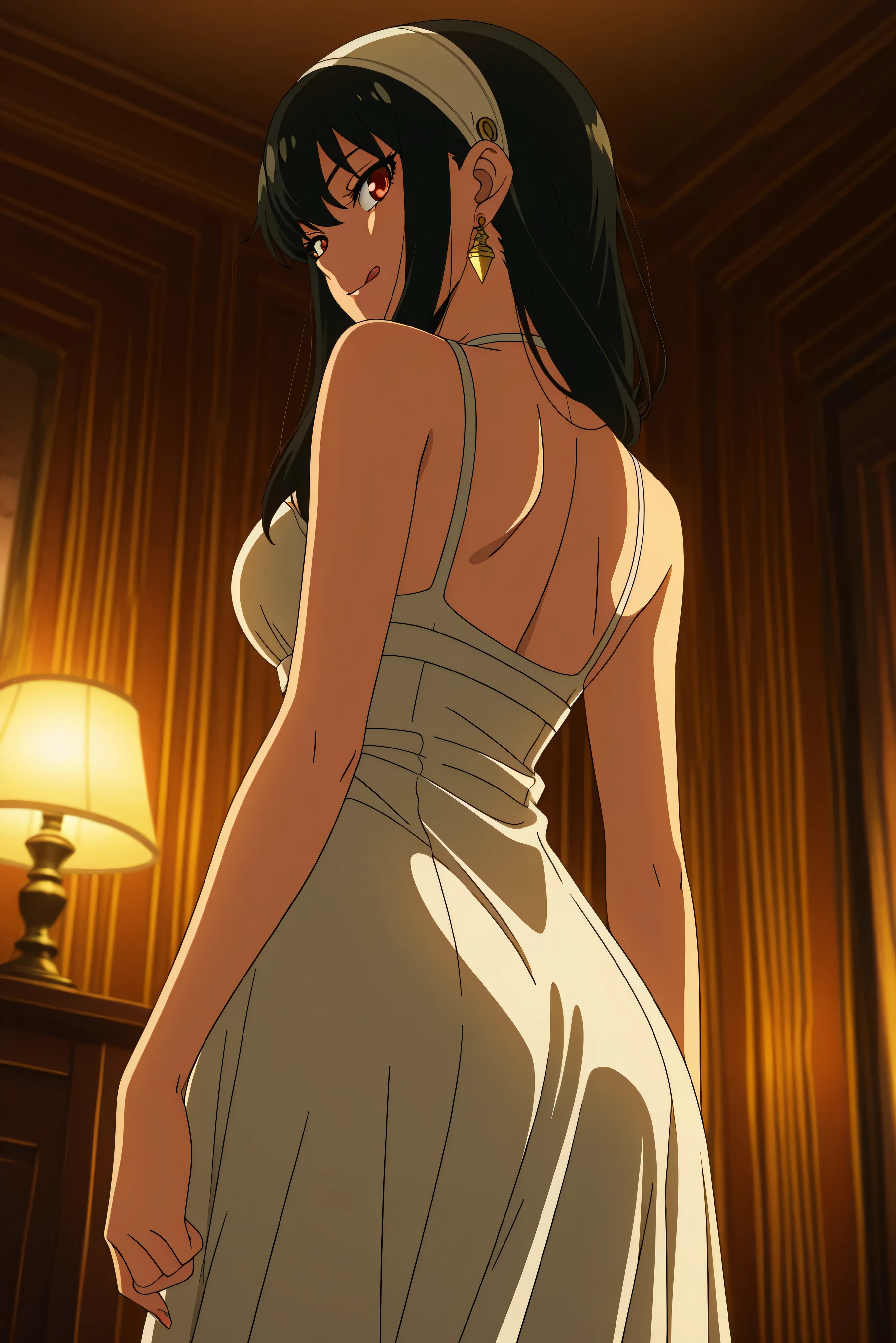 black hair, bangs, yorfor, reddish eyes, 1girl, solo, long_hair,black_hair, red_eyes, dress, jewelry, earrings, hairband,
white_hairband, gold_earrings,
hdr, low contrast, masterpiece, best quality, absurdres, highres, perfect anatomy, anime style, anime screenshot, ultra high quality, extremely detailed cg, perfect lighting, (sharp image),
BREAK
movie quality , depth of field , soft saturation , focused subject , anime screenshot , anime coloring , official style , 1girl , solo ,licking lips , swimsuit , looking back , from below ,