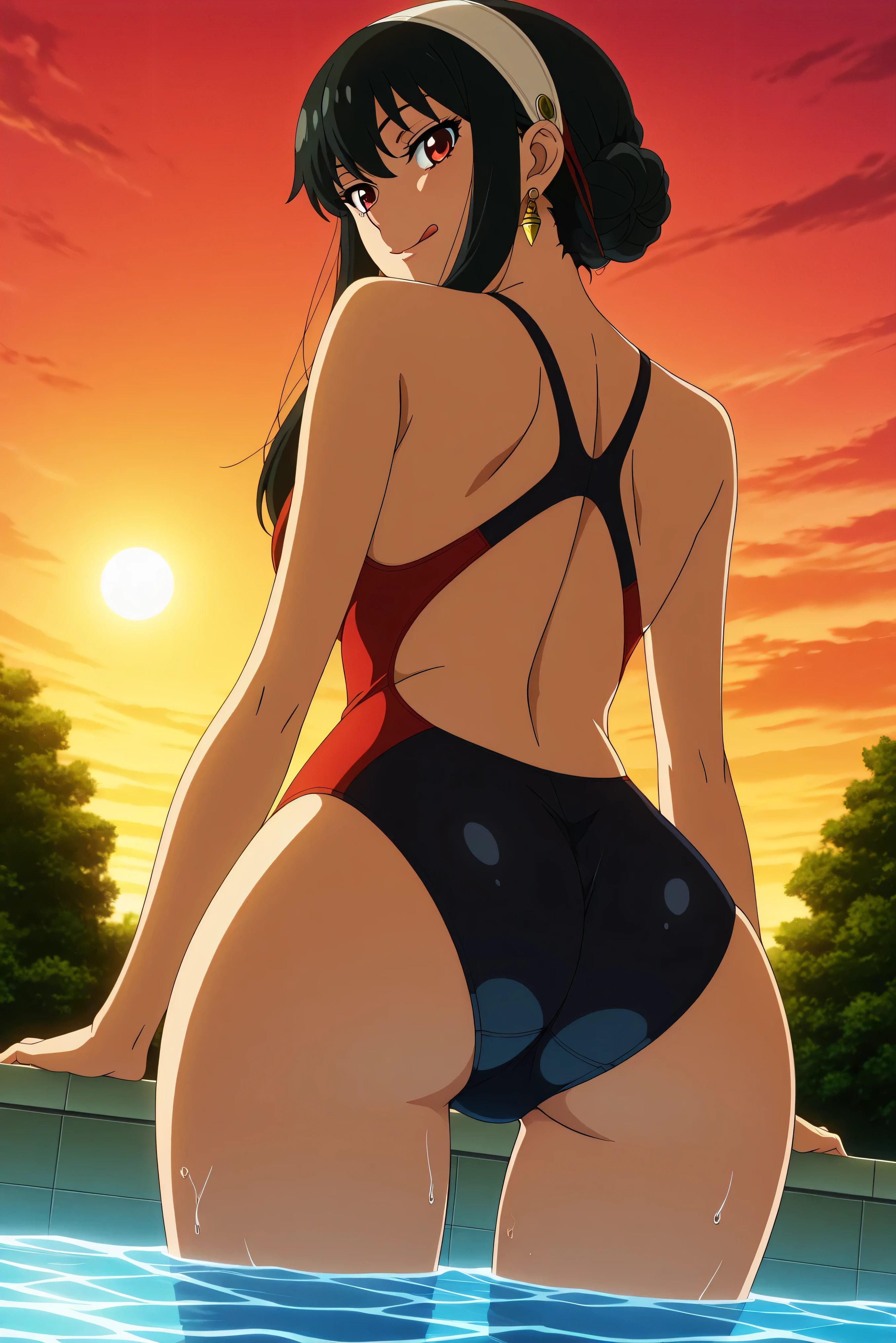 black hair, bangs, yorfor, reddish eyes, 1girl, solo, long_hair,black_hair, red_eyes,  jewelry, earrings, hairband, 

 white_hairband,   gold_earrings, 
hdr, low contrast, masterpiece, best quality, absurdres, highres, perfect anatomy, anime style, anime screenshot, ultra high quality, extremely detailed cg, 

BREAK
  movie quality , depth of field , soft saturation , focused subject , anime screenshot , anime coloring , official style , 1girl , solo ,licking lips , swimsuit , looking back , from below ,bun hair, in poolside, sun light, outdoor,

