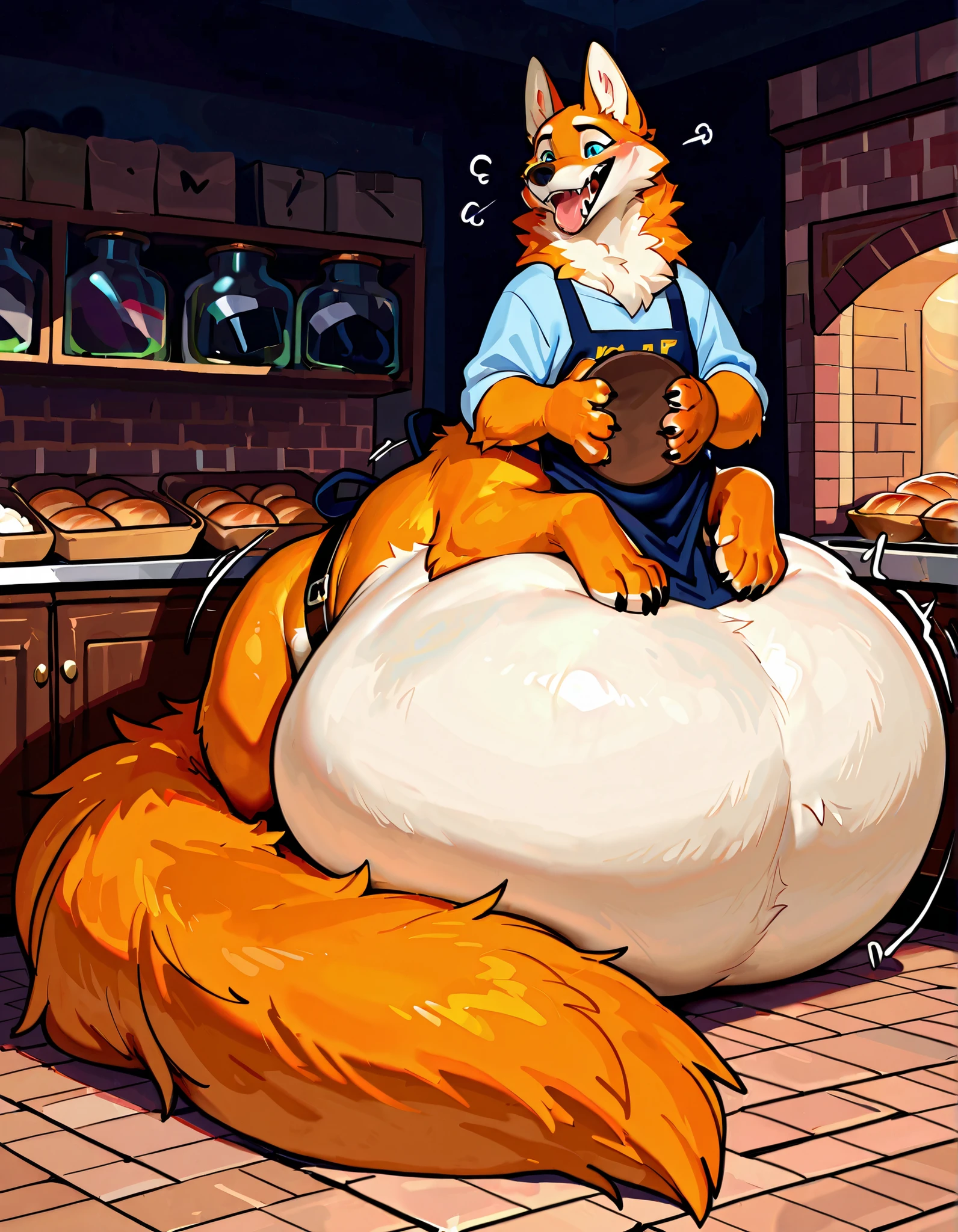 4k ultra quality, 4k full body view,(ultra high detailed body),(wolf taur:1.3),by mystikfox61, by glitter trap boy,feral paws, by bebebebebe,by morethreedee, by seibear,sharp nails,((sfw)),(ultra detailed face),detailed eyes,big tail,(hyper tail:1.2),(detailed tail),fluffy belly,enomorous tail,bigger tail,huge tail,volumetric light,fluffy paws,(wolftaur), beast,(bigger lower body),(thick legs:1.2),(thick paws),master works, super fine, 4k resolution, high quality,high picture detail,illusory engine, Masterpiece,enomorous taur belly, huge taur belly,(hyper belly:1.1),(wearing shirt),((smaller head)),((enomorous body)),(thick paws),(light orange fur),cream belly fur,creae taur belly fur,big mouth,belly bed,lying,mouth open,big packs,leather belts,multiple belts,(pastel style),in a bakery,(apron),carrying a tray,struggling belly, stretchy belly, tight bulges, struggling stomach, writhing belly,(sitting),(vore:1.5),(plug),hugging belly