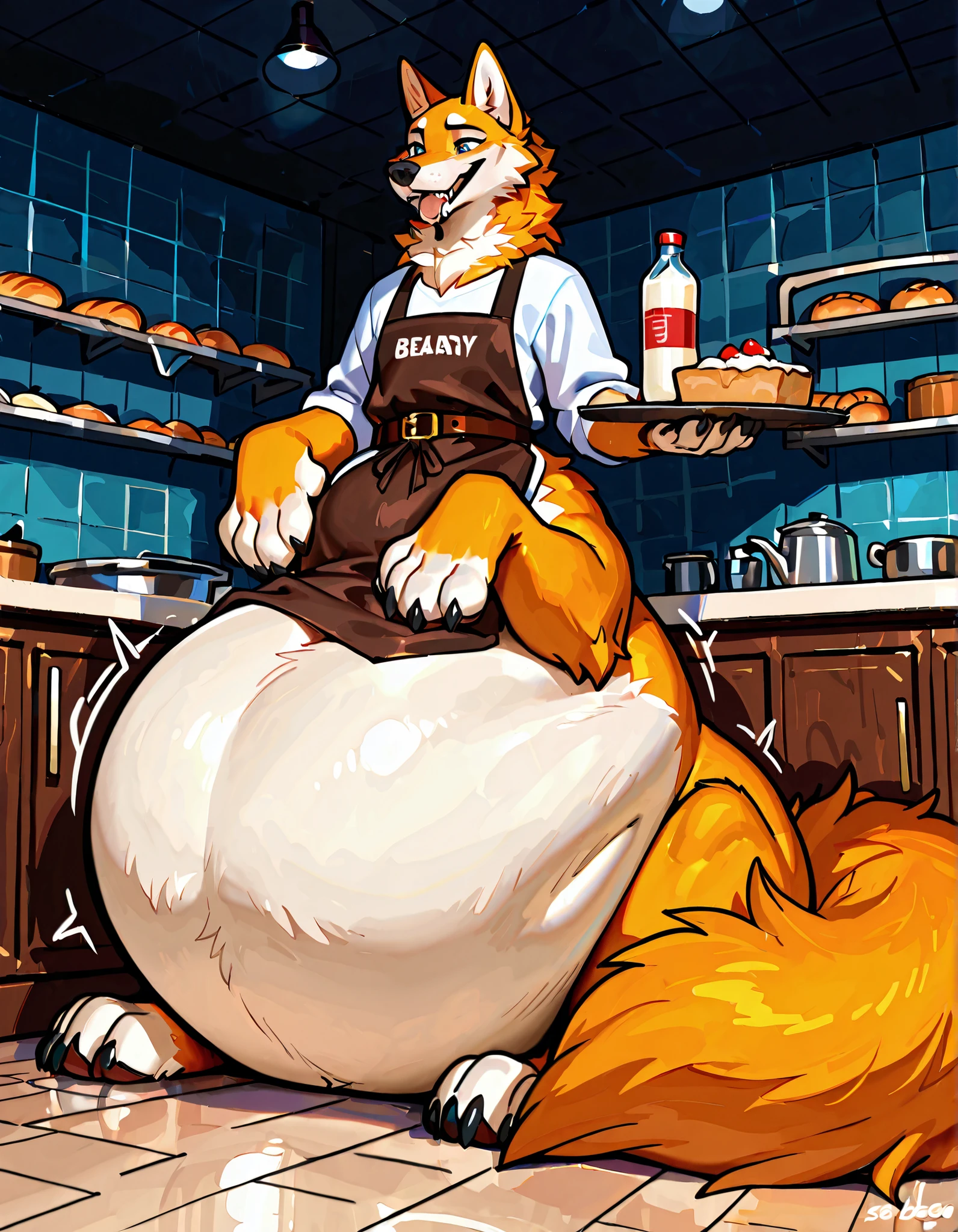 4k ultra quality, 4k full body view,(ultra high detailed body),(wolf taur:1.3),by mystikfox61, by glitter trap boy,feral paws, by bebebebebe,by morethreedee, by seibear,sharp nails,((sfw)),(ultra detailed face),detailed eyes,big tail,(hyper tail:1.2),(detailed tail),fluffy belly,enomorous tail,bigger tail,huge tail,volumetric light,fluffy paws,(wolftaur), beast,(bigger lower body),(thick legs:1.2),(thick paws),master works, super fine, 4k resolution, high quality,high picture detail,illusory engine, Masterpiece,enomorous taur belly, huge taur belly,(hyper belly:1.1),(wearing shirt),((smaller head)),((enomorous body)),(thick paws),(light orange fur),cream belly fur,creae taur belly fur,big mouth,belly bed,lying,mouth open,big packs,leather belts,multiple belts,(pastel style),in a bakery,(apron),carrying a tray,struggling belly, stretchy belly, tight bulges, struggling stomach, writhing belly,(sitting),(vore:1.5),(plug),hugging belly,(round belly)