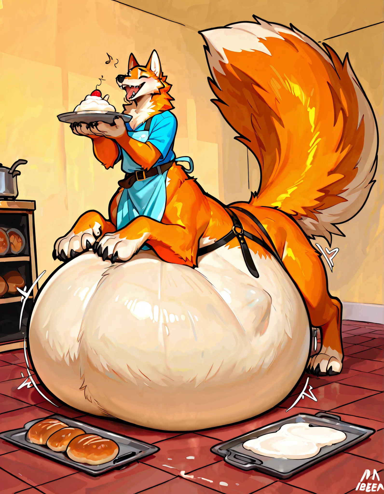 4k ultra quality, 4k full body view,(ultra high detailed body),(wolf taur:1.3),by mystikfox61, by glitter trap boy,feral paws, by bebebebebe,by morethreedee, by seibear,sharp nails,((sfw)),(ultra detailed face),detailed eyes,big tail,(hyper tail:1.2),(detailed tail),fluffy belly,enomorous tail,bigger tail,huge tail,volumetric light,fluffy paws,(wolftaur), beast,(bigger lower body),(thick legs:1.2),(thick paws),master works, super fine, 4k resolution, high quality,high picture detail,illusory engine, Masterpiece,enomorous taur belly, huge taur belly,(hyper belly:1.1),(wearing shirt),((smaller head)),((enomorous body)),(thick paws),(light orange fur),cream belly fur,creae taur belly fur,big mouth,belly bed,lying,mouth open,big packs,leather belts,multiple belts,(pastel style),in a bakery,(apron),carrying a tray,struggling belly, stretchy belly, tight bulges, struggling stomach, writhing belly,(sitting),(vore:1.5),(plug),hugging belly,(round belly),smooth belly
