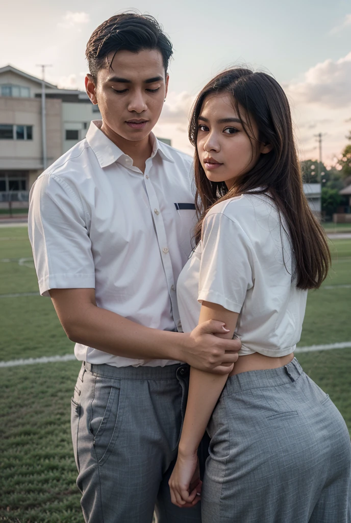 Romantic. Young indonesian Couple. Girl kissing boy, both of them were wearing Japan high school uniforms with white tops and gray bottoms, braless, show ??????? (romantic lift hug). detail face. Written boundary depth, Perfect lighting, With background: (class room)
