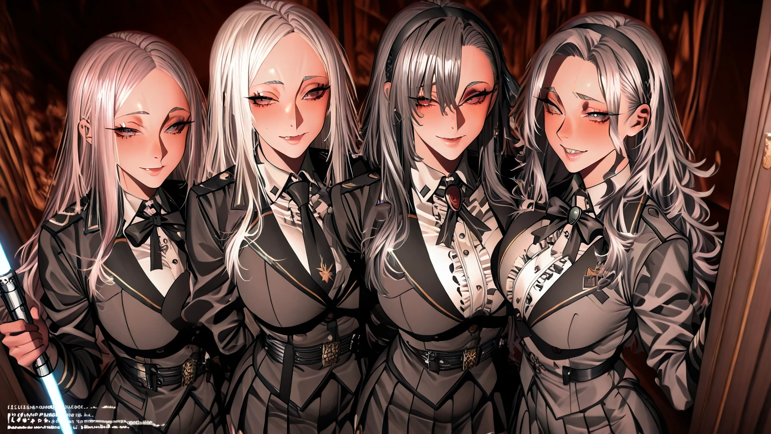 A group of female medieval fantasy adventurers, (in tavern), various hair styles, harem, night, details face, seducing, sleeveless, armor