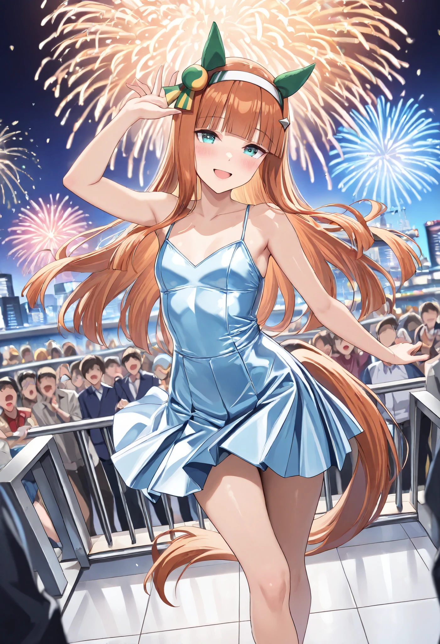 (masterpiece, best quality, perfect face:1.4), wide angle, silence suzuka \(umamusume\), horse ears, ear cover, white headband, small breasts, horse tail, tail on the lower back, proportional body, proportional,1 girl, beautiful hair, beautiful face, beautiful detailed eyes, beautiful clavicle, beautiful body, beautiful chest, beautiful thigh, beautiful legs, beautiful fingers, looking at viewer, BREAK, The excitement of a rooftop party, people releasing energy in various ways, people swaying wildly to the rhythm on the dance floor, bouncing hair, hands in the air, hips swaying freely, people laughing and talking loudly while drinking, dancing arm in arm with their neighbors, a group of friends enjoying cocktails in the corner, people clapping, stomping and singing, people playing party games, people leaning on the rooftop railing and chatting quietly while looking out at the cityscape, the moment when everyone holds hands and dances in a circle, the excitement as the light show and fireworks start, people screaming and clapping in unison, the climax of the party, people shedding normal constraints and expressing joy instinctively, bright lights, colorful decorations, people dancing, smiling faces, city lights in the background, nightclub, BREAK, blush smile, textured skin, realistic skin, HDR, BREAK, good hands