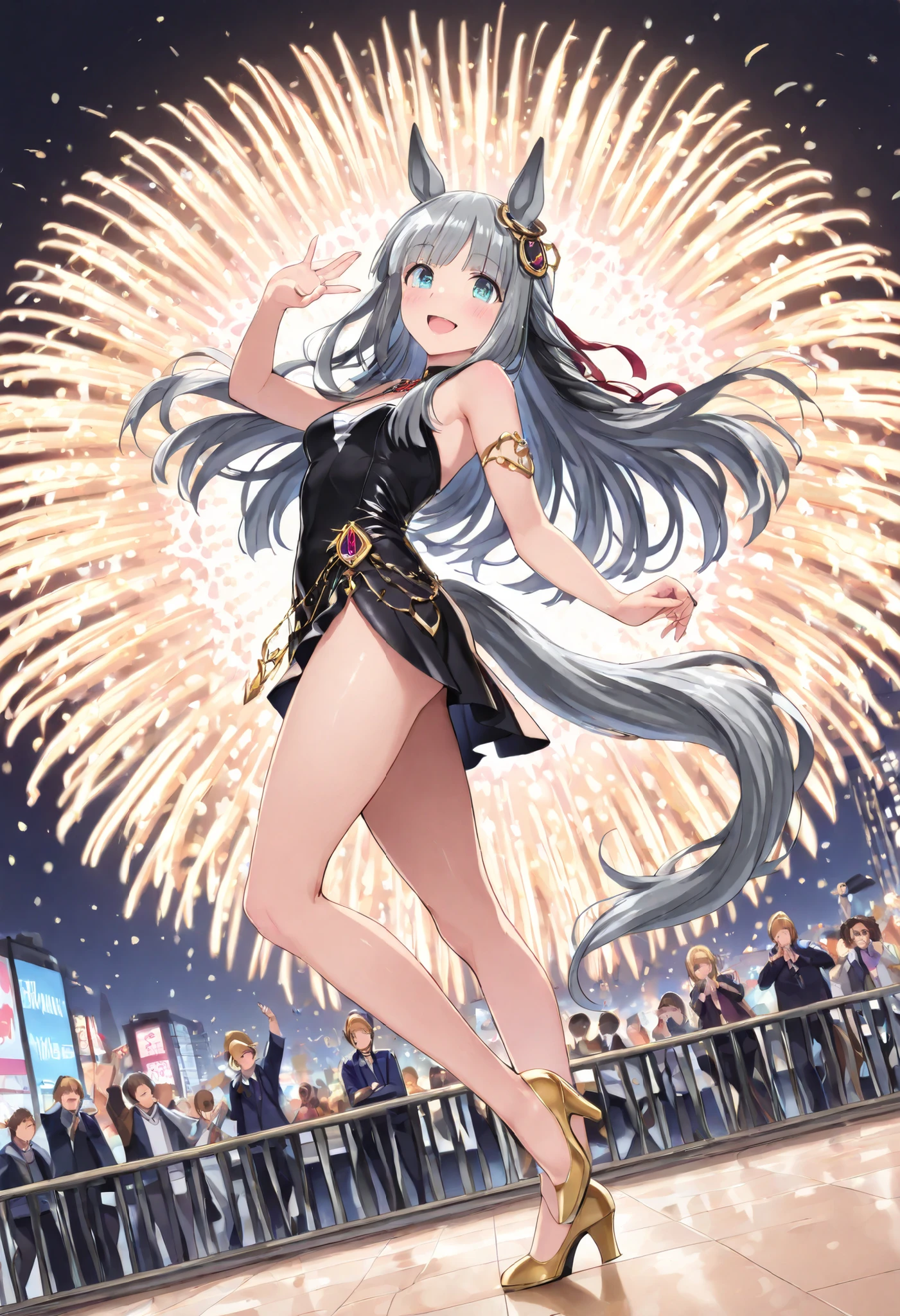 (masterpiece, best quality, perfect face:1.4), wide angle, chrono genesis\(umamusume\), 1girl, floating hair, horse ears, ear ornament, tail on the lower back, horse tail, proportional body, proportional,1 girl, beautiful hair, beautiful face, beautiful detailed eyes, beautiful clavicle, beautiful body, beautiful chest, beautiful thigh, beautiful legs, beautiful fingers, looking at viewer, BREAK, The excitement of a rooftop party, people releasing energy in various ways, people swaying wildly to the rhythm on the dance floor, bouncing hair, hands in the air, hips swaying freely, people laughing and talking loudly while drinking, dancing arm in arm with their neighbors, a group of friends enjoying cocktails in the corner, people clapping, stomping and singing, people playing party games, people leaning on the rooftop railing and chatting quietly while looking out at the cityscape, the moment when everyone holds hands and dances in a circle, the excitement as the light show and fireworks start, people screaming and clapping in unison, the climax of the party, people shedding normal constraints and expressing joy instinctively, bright lights, colorful decorations, people dancing, smiling faces, city lights in the background, nightclub, BREAK, blush smile, textured skin, realistic skin, HDR, BREAK, good hands