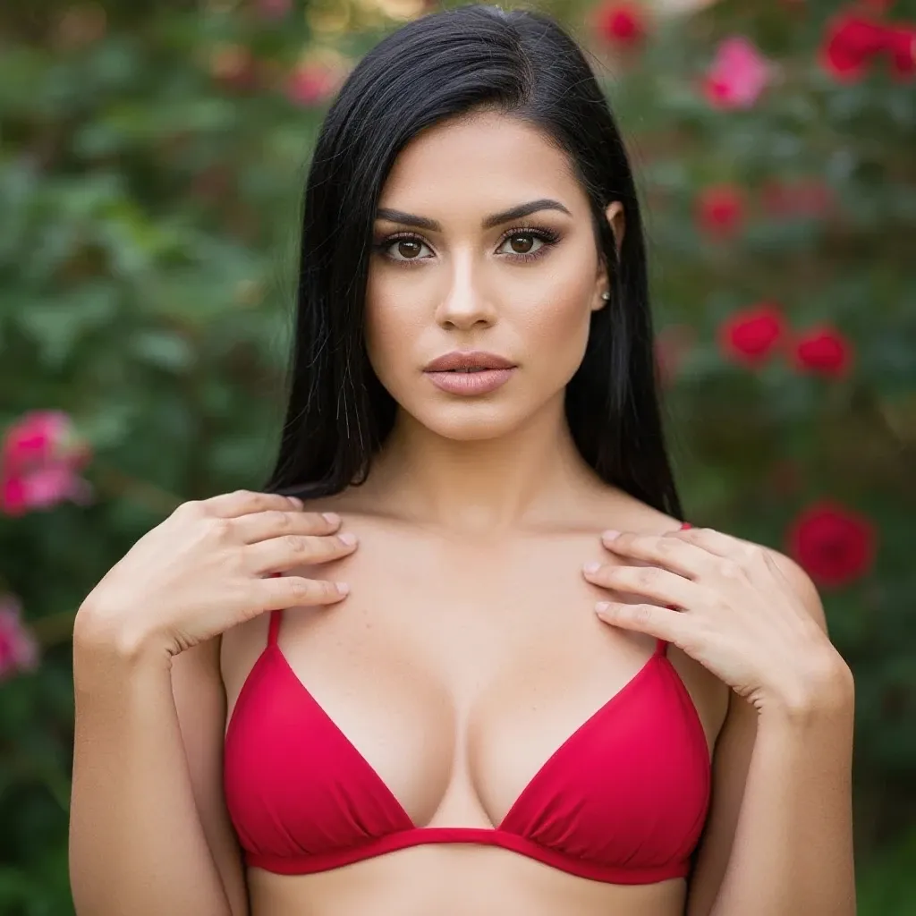 A Brazilian woman,new, slim, bountiful  ,black straight hair ,in a lush tropical garden,  with a close-up capturing the harmonious beauty between her  and the natural flowers, showing off your natural charm and outgoing personality.