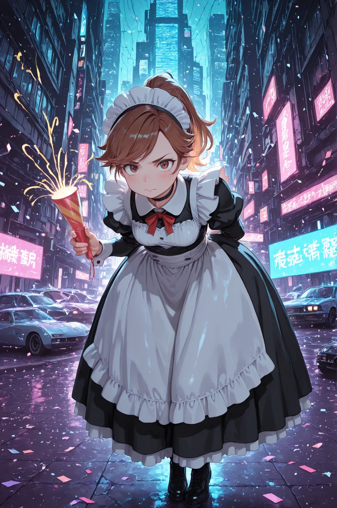 Princess Marco. brown eyes, brown hair, ponytail. small breasts. huge hips. slim body. choker. femboy, crossdressing,|   (sho \(sho lwlw\):0.7),(toosaka asagi:0.5),(sincos:0.3),solo, masterpiece, best quality, newest, absurdres, CG, anime, source anime, illustration, maid, long skirt, sweater,  maid headdress, holding party popper,party popper ,confetti , wide shot, looking at viewer, blonde hair,  geyser, closed mouth, ,leaning forward, A rooftop of a towering skyscraper overlooking a sprawling cyberpunk cityscape, inspired by Neo-Tokyo. The surface is cluttered with exposed pipes, glowing ventilation units, holographic signs, and neon-lit panels. Rain-slicked metal reflects the vivid lights of nearby buildings, casting hues of electric pink, teal, and violet across the rooftop. Distant high-speed hover vehicles streak through the sky between megastructures. Antennas, satellite dishes, and digital billboards flash with animated ads in Japanese kanji. A faint mist drifts between the buildings, adding depth and atmosphere to the scene. The ambiance is moody, electric, and high-tech. No people are present. cyberpunk r00ft0p,score_9, score_8_up, score_7_up,amazing quality, ultra realistic, 3D, HD, best quality, amazing quality, very aesthetic, absurdres